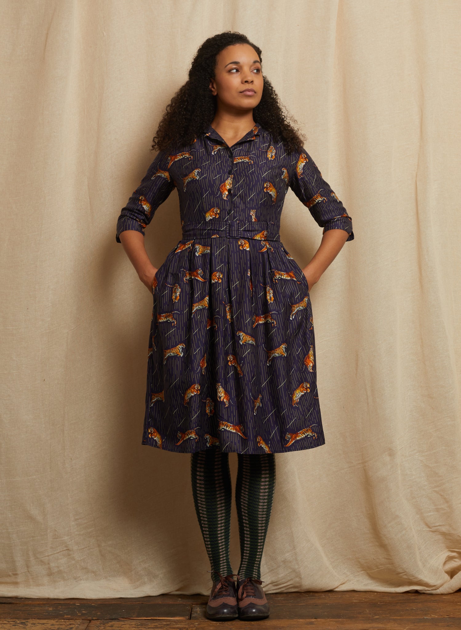 Cynthia - Navy Leaping Tigers Dress