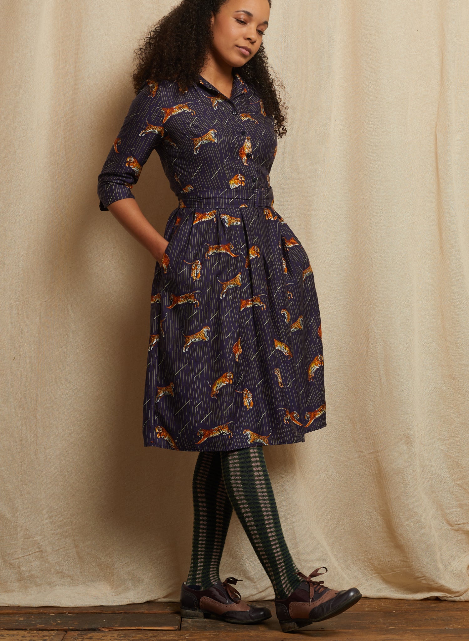 Cynthia - Navy Leaping Tigers Dress