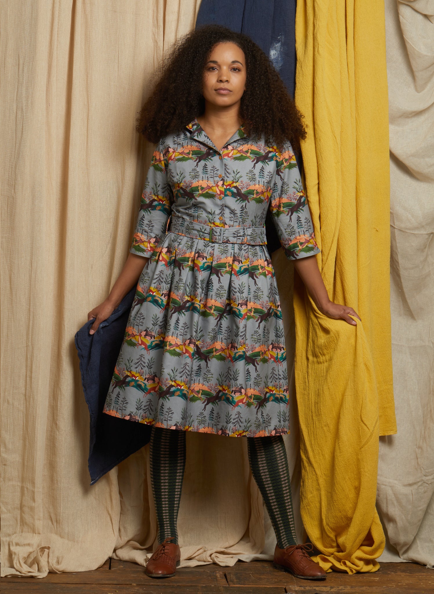 Cynthia - Eggshell Leaping Deer Dress