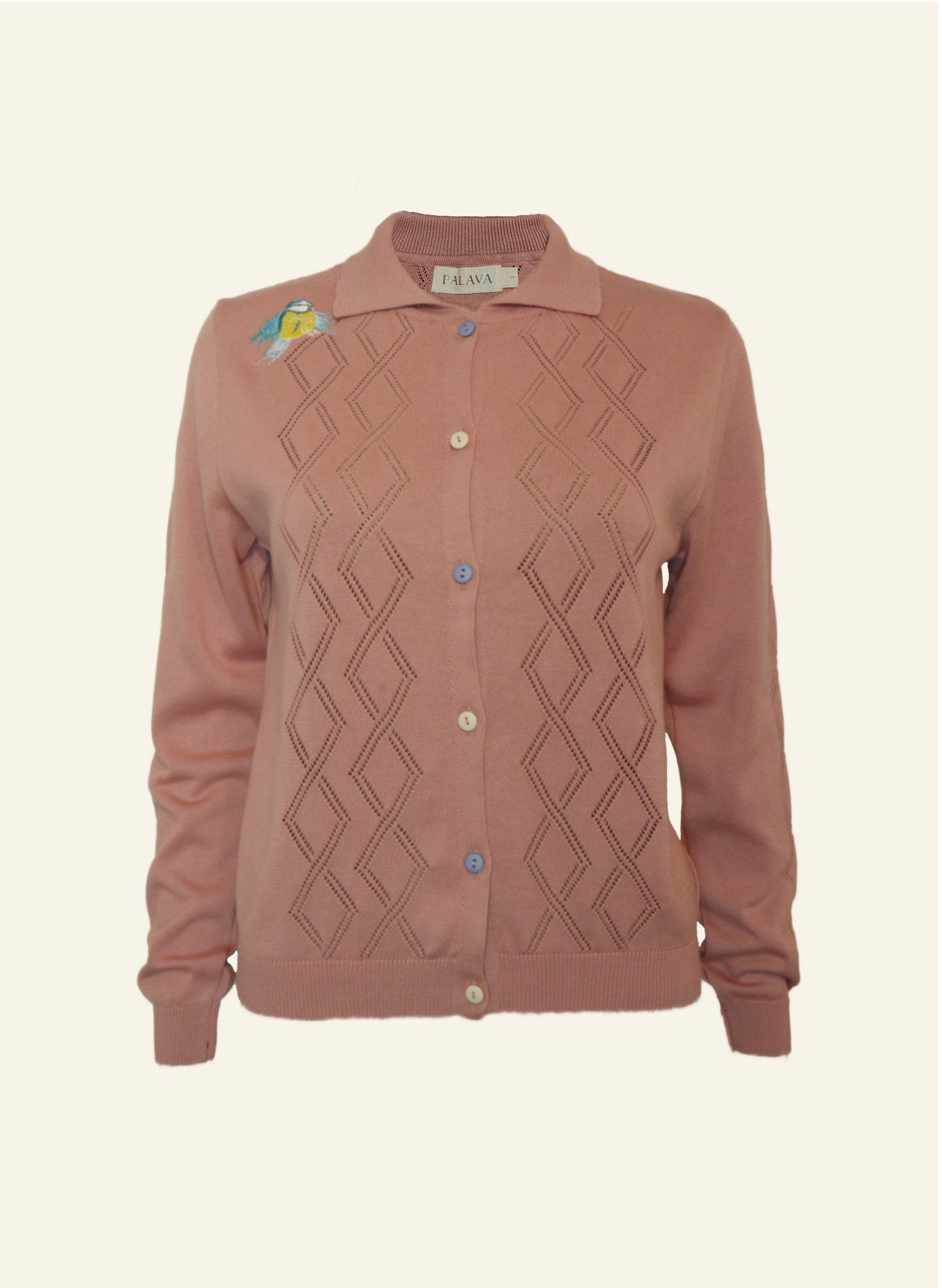 Archive Sale - Size S - Fern - Embroidered Blue Tit - Dusky Pink - Knitted Top