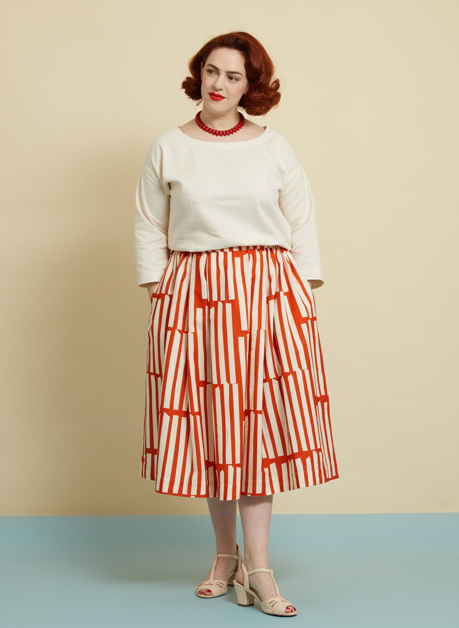 Red Box Stripe Midi Skirt | Cotton & Linen | Made in UK