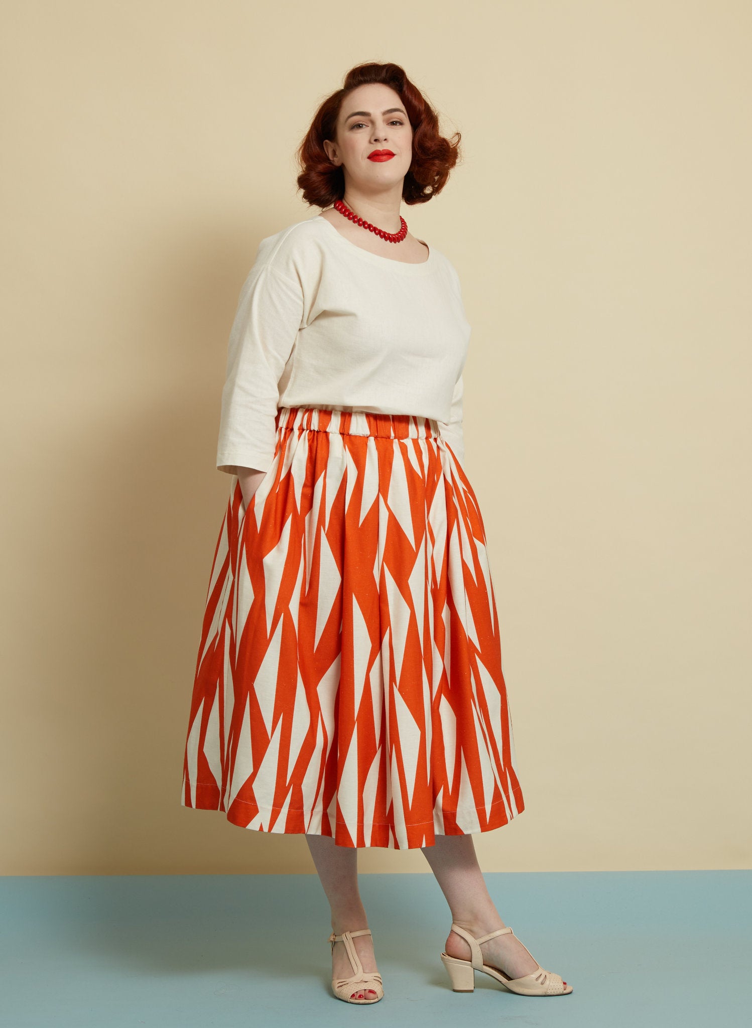 Red & White Sails Print Midi Skirt | Cotton & Linen | Made in UK