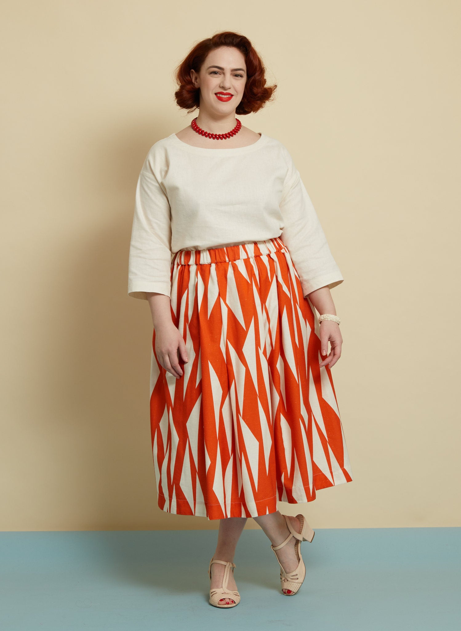 Red & White Sails Print Midi Skirt | Cotton & Linen | Made in UK