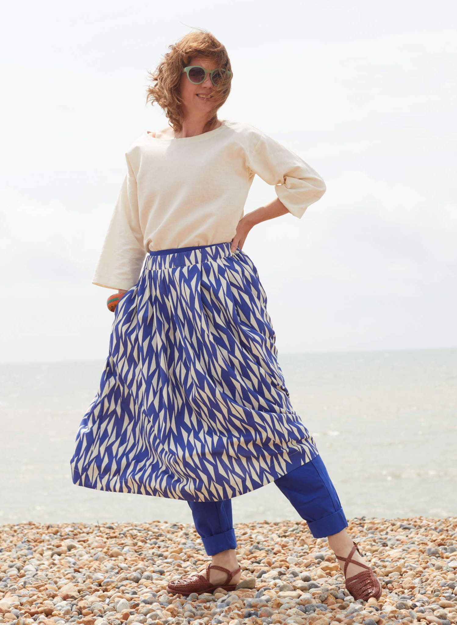 Blue & White Sails Print Midi Skirt | Cotton & Linen | Made in UK