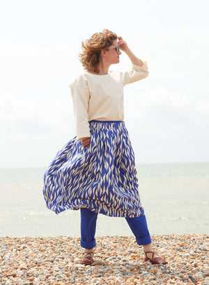 Blue & White Sails Print Midi Skirt | Cotton & Linen | Made in UK