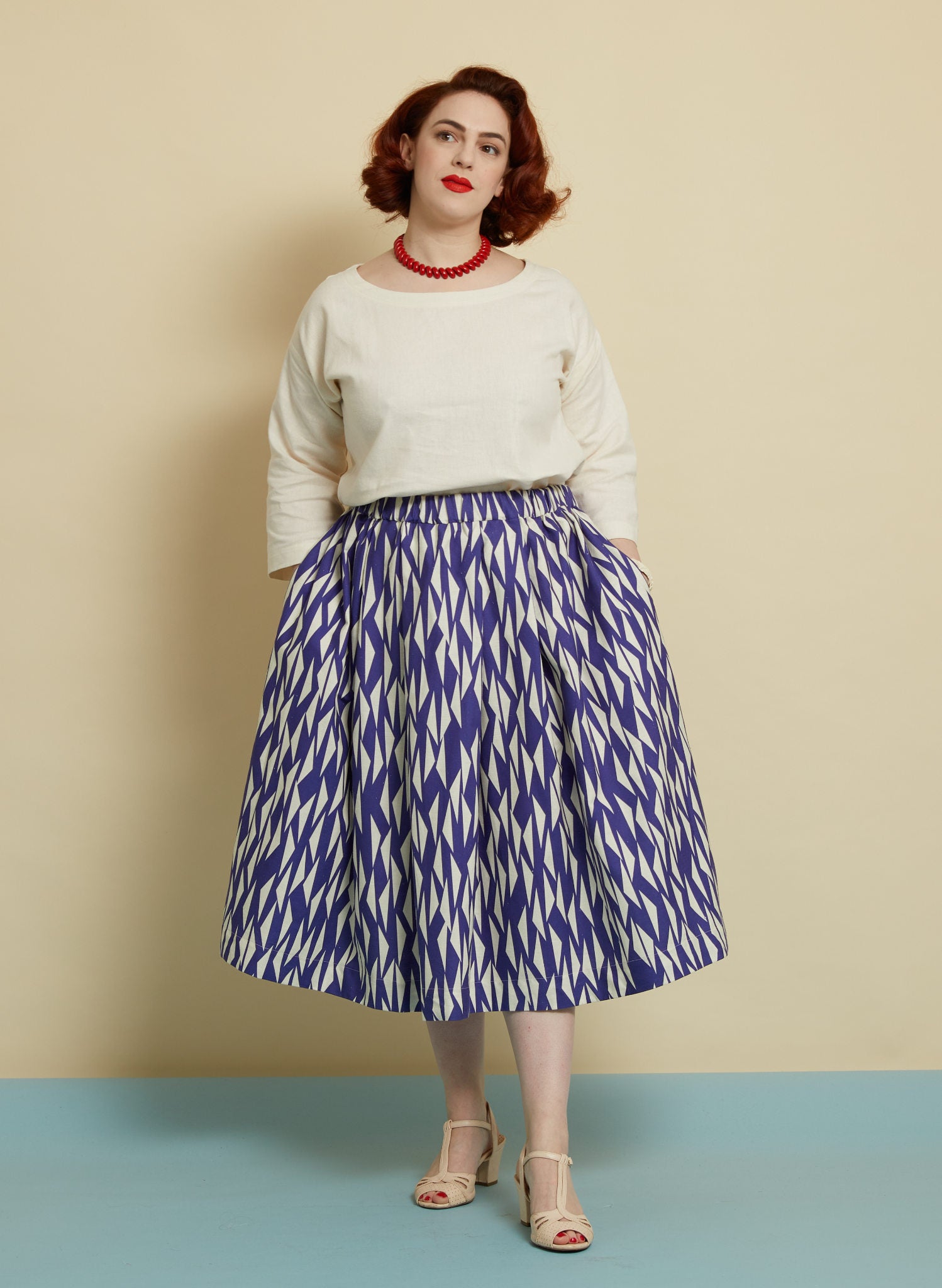 Blue & White Sails Print Midi Skirt | Cotton & Linen | Made in UK