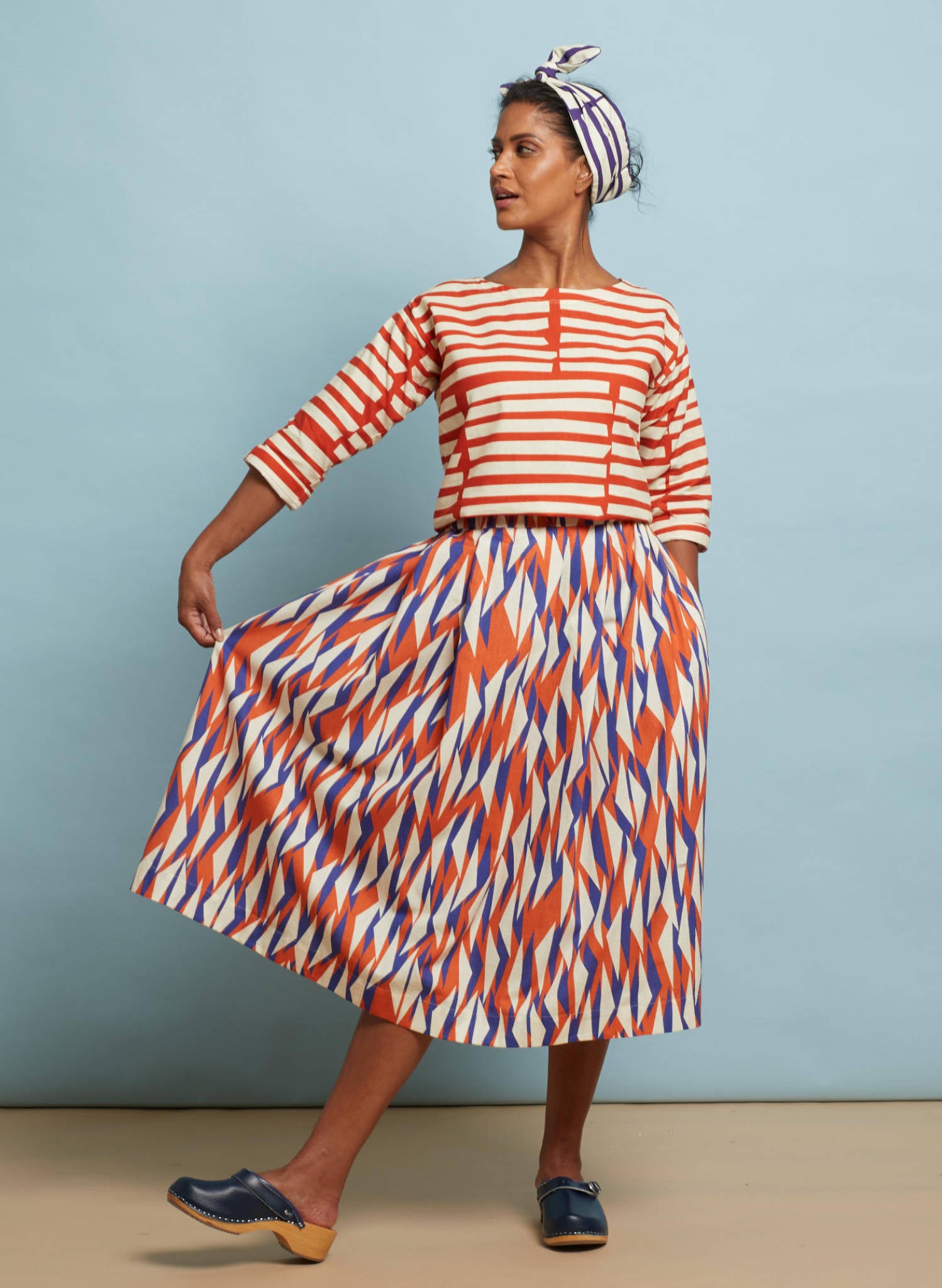 Red & Blue Tigerfish Midi Skirt | Cotton & Linen | Made in UK