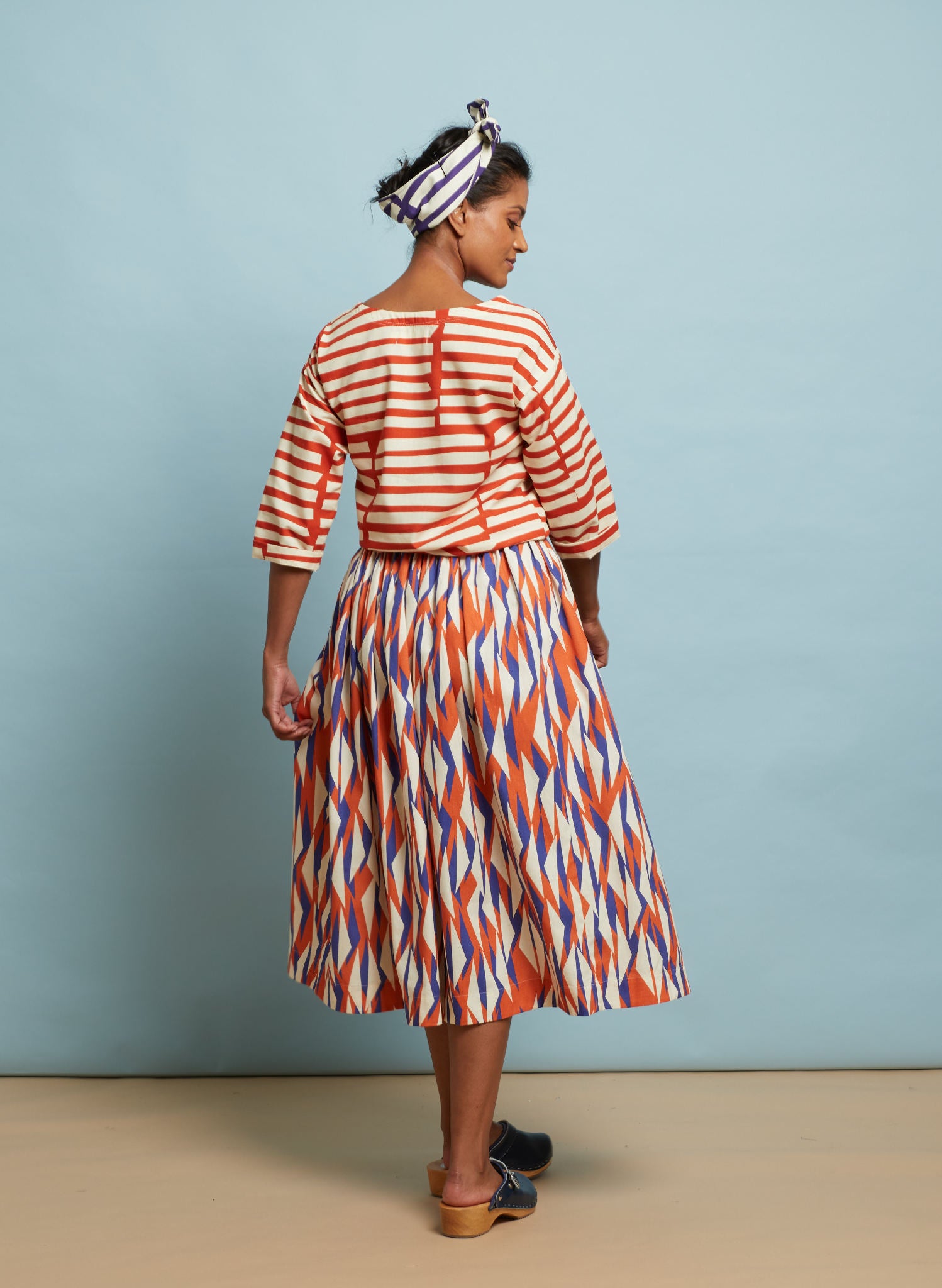 Red & Blue Tigerfish Midi Skirt | Cotton & Linen | Made in UK