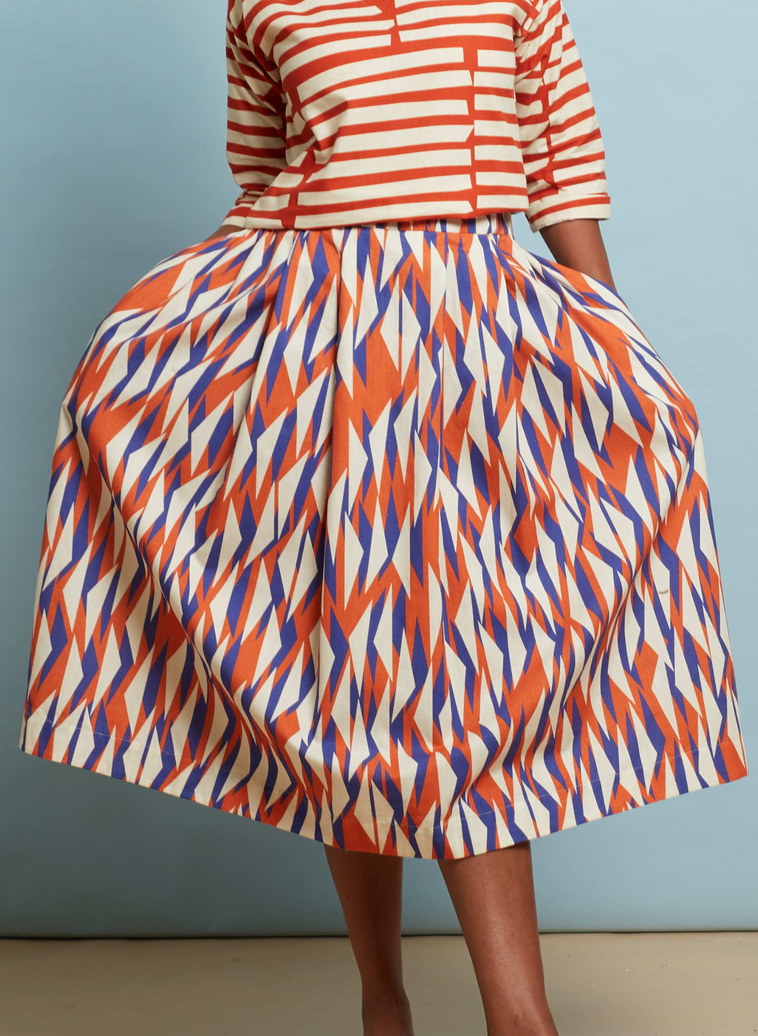 Red & Blue Tigerfish Midi Skirt | Cotton & Linen | Made in UK