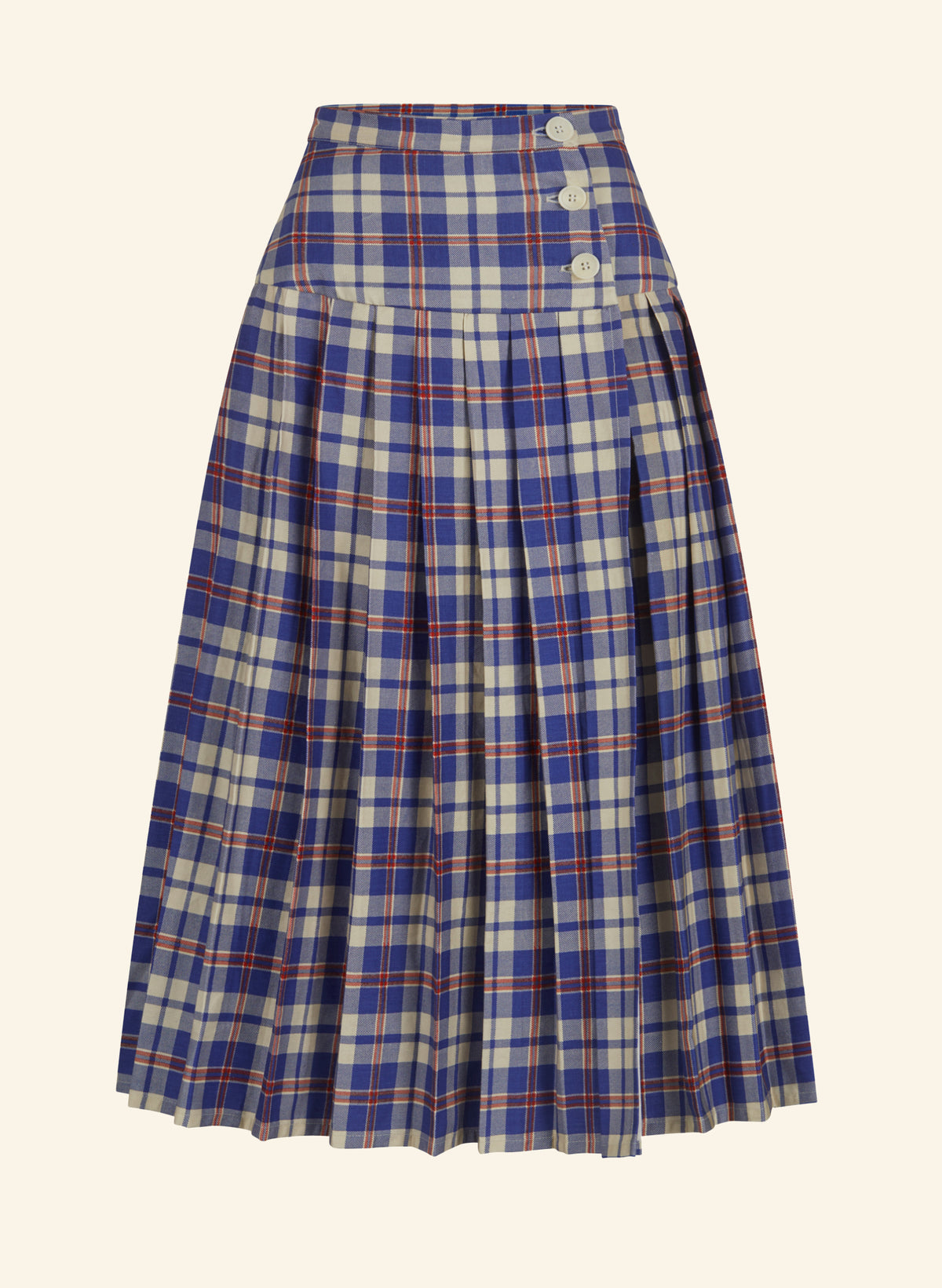 A high-waisted, pleated A-line kilt skirt in a blue, beige, and red plaid pattern, featuring three decorative buttons on the left side of the waistband, shown against a solid cream background.
