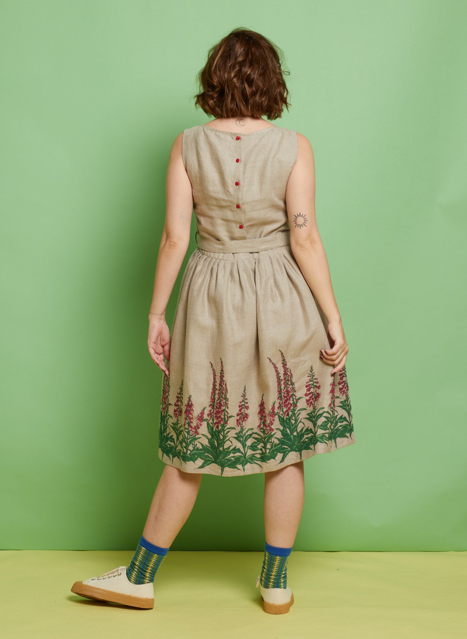 Natural Foxgloves Tie-Waist Dress | 100% Linen | Made in UK