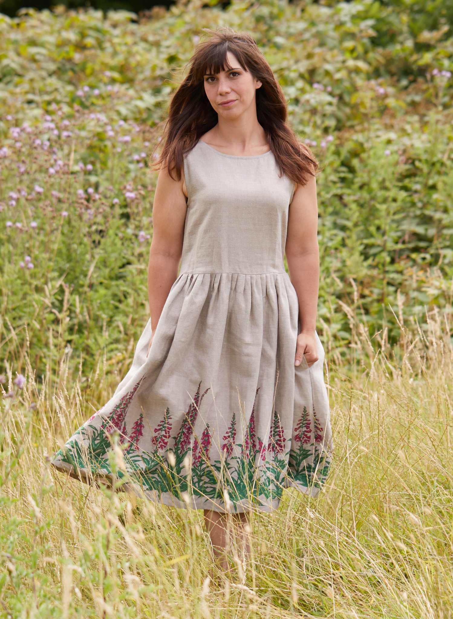 Natural Foxgloves Tie-Waist Dress | 100% Linen | Made in UK
