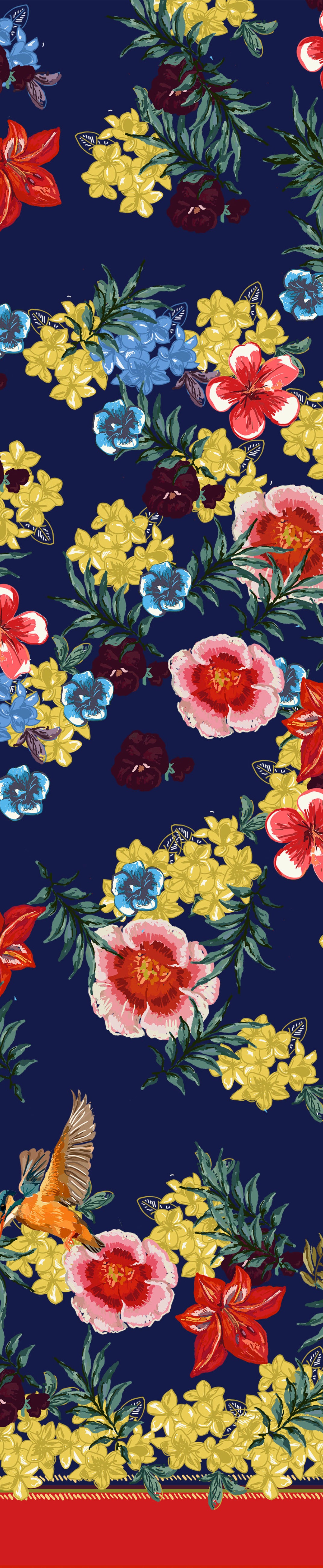 Remnant - 244x320cm - Navy Tropical Birds - Cotton Sateen
