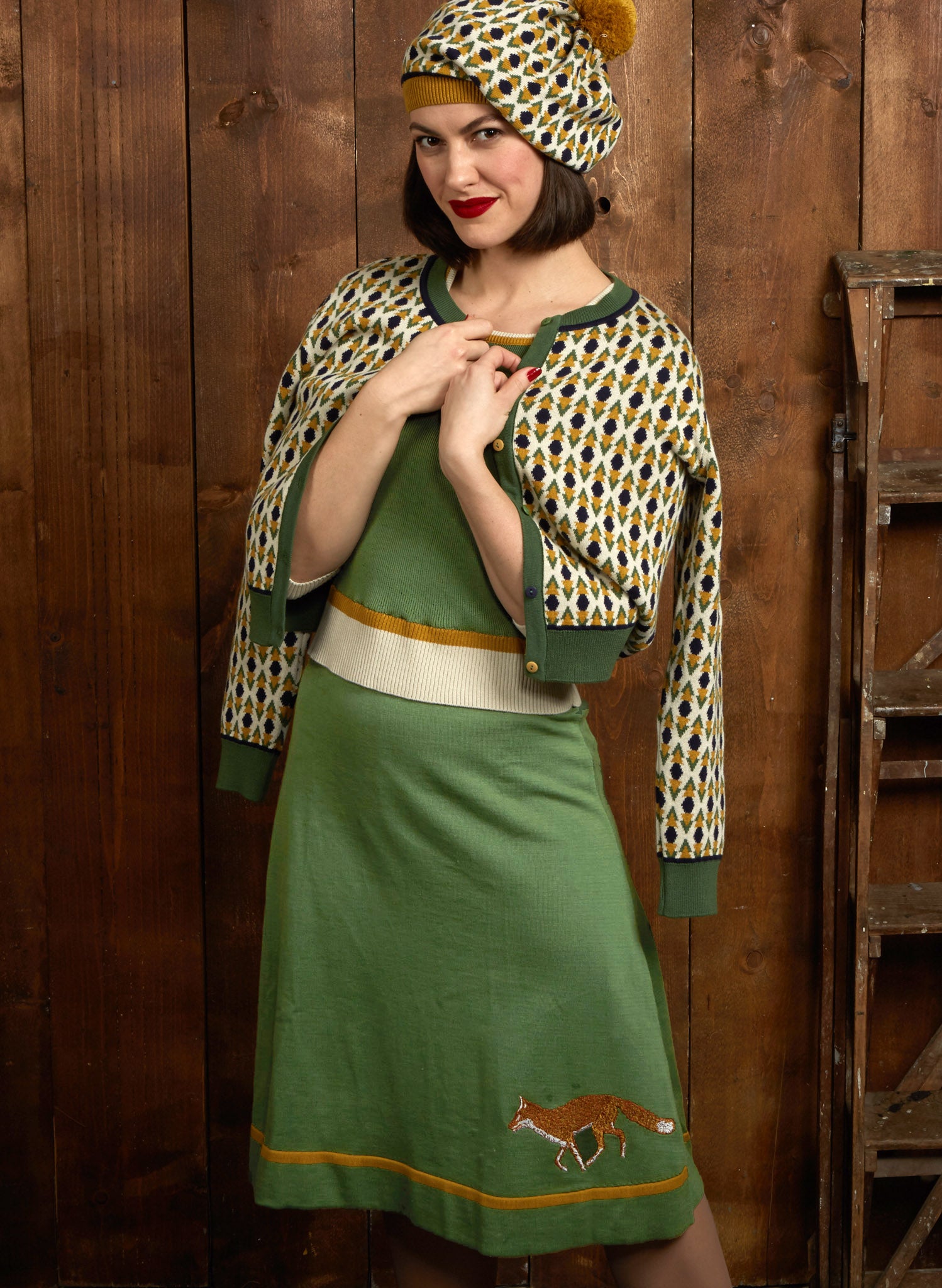 Otti 2-Piece - Light Green Embroidered Fox Knitted Top and Skirt