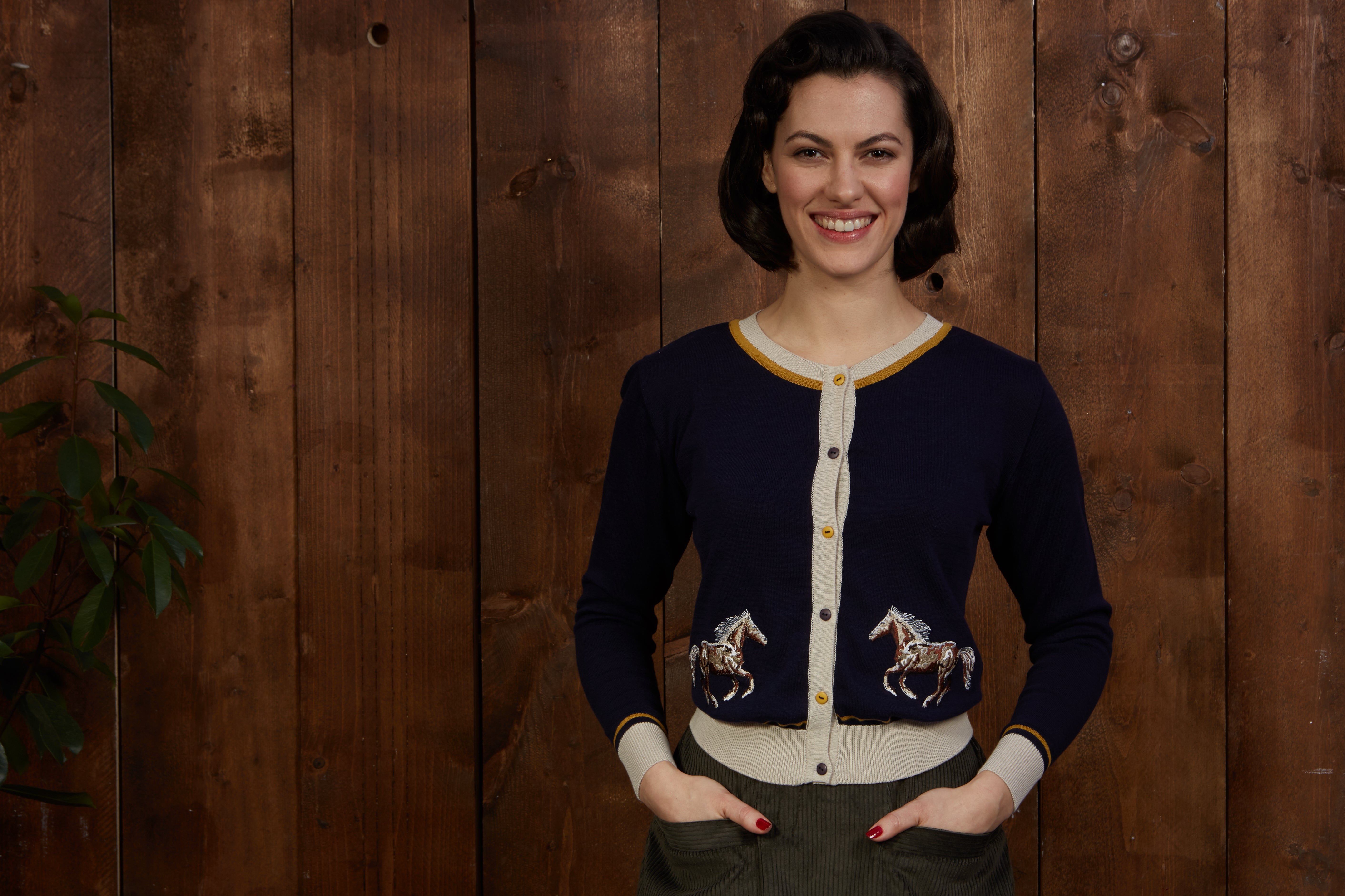 Vera - Navy Embroidered Horses Cardigan - Full Length Sleeve
