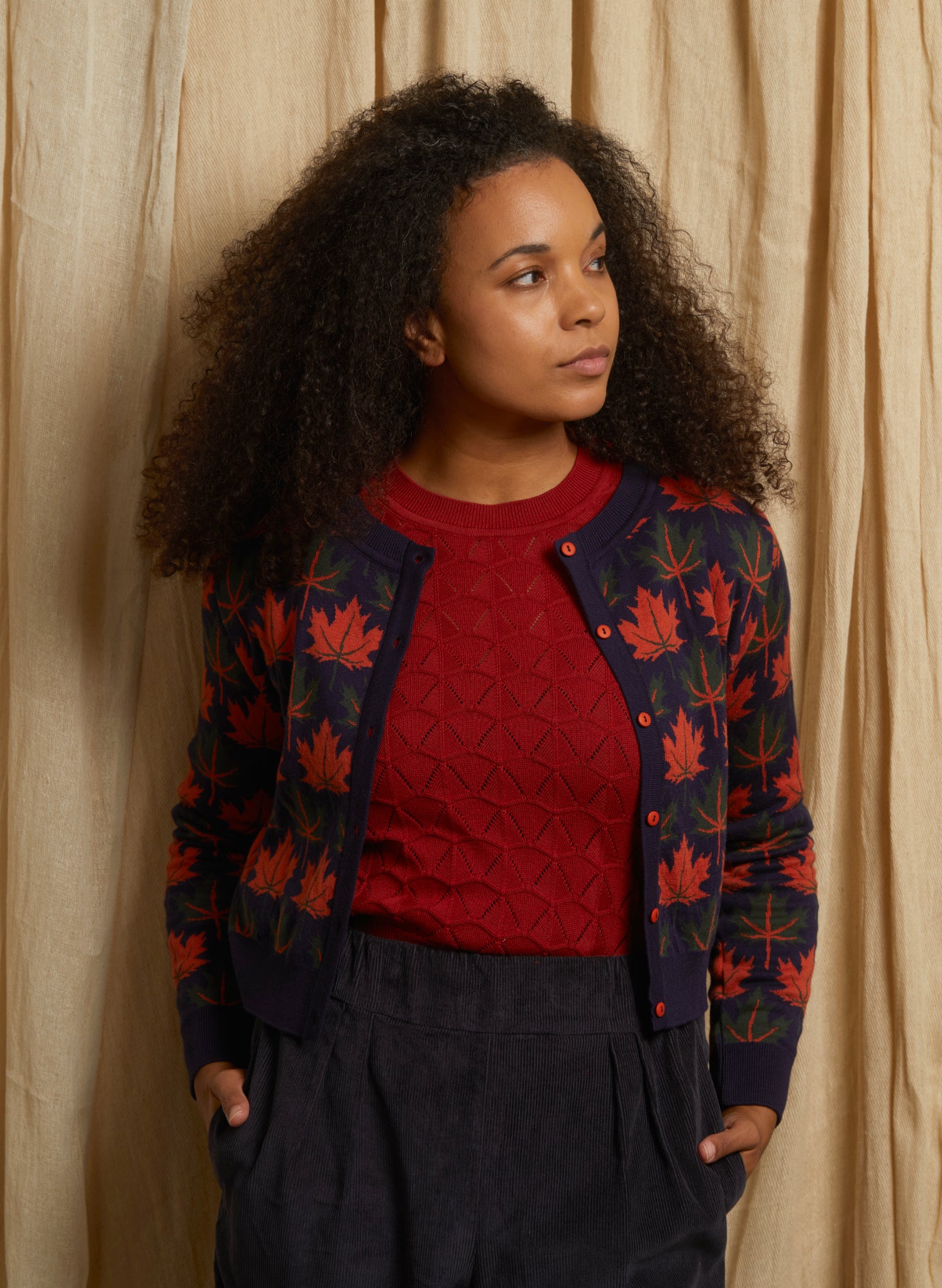 Vera - Navy Autumn Leaves Cardigan