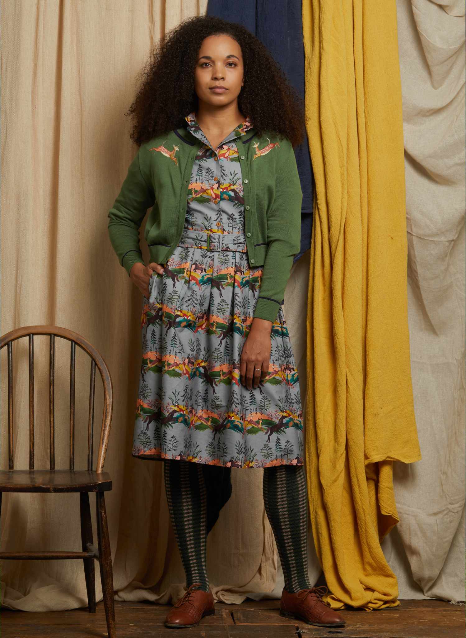 Cynthia - Eggshell Leaping Deer Dress