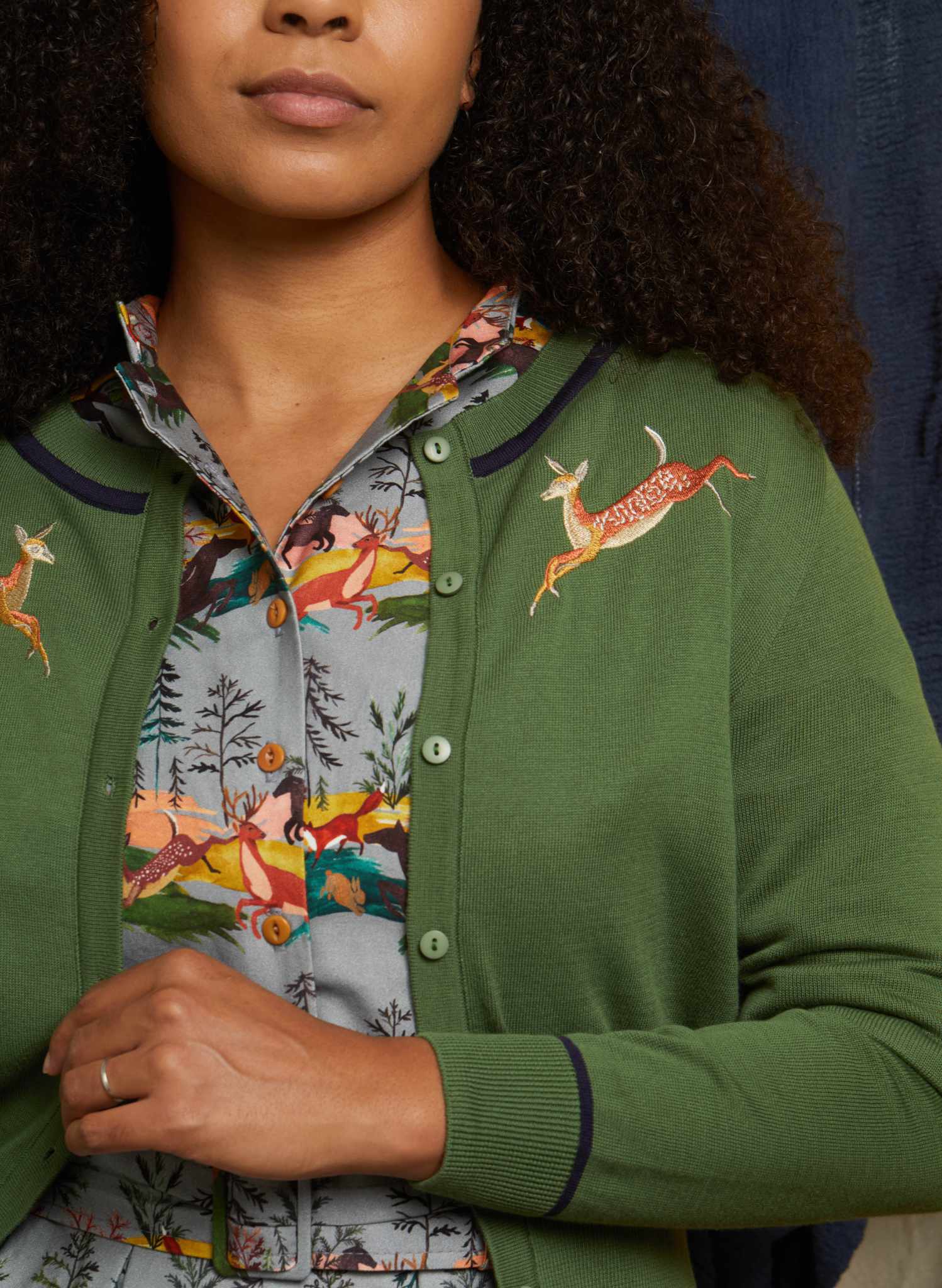 Vera - Green Embroidered Deers