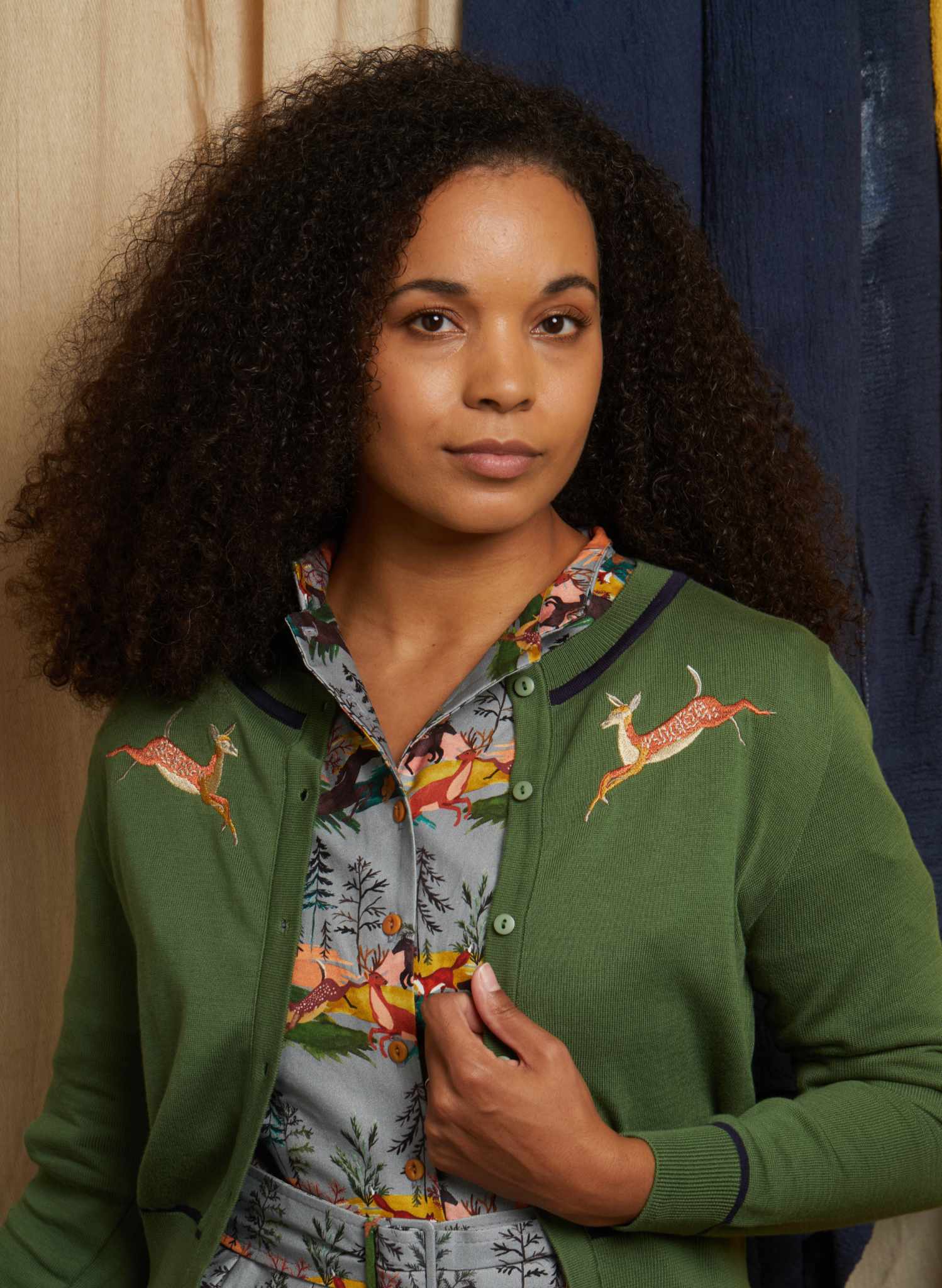 Vera - Green Embroidered Deers