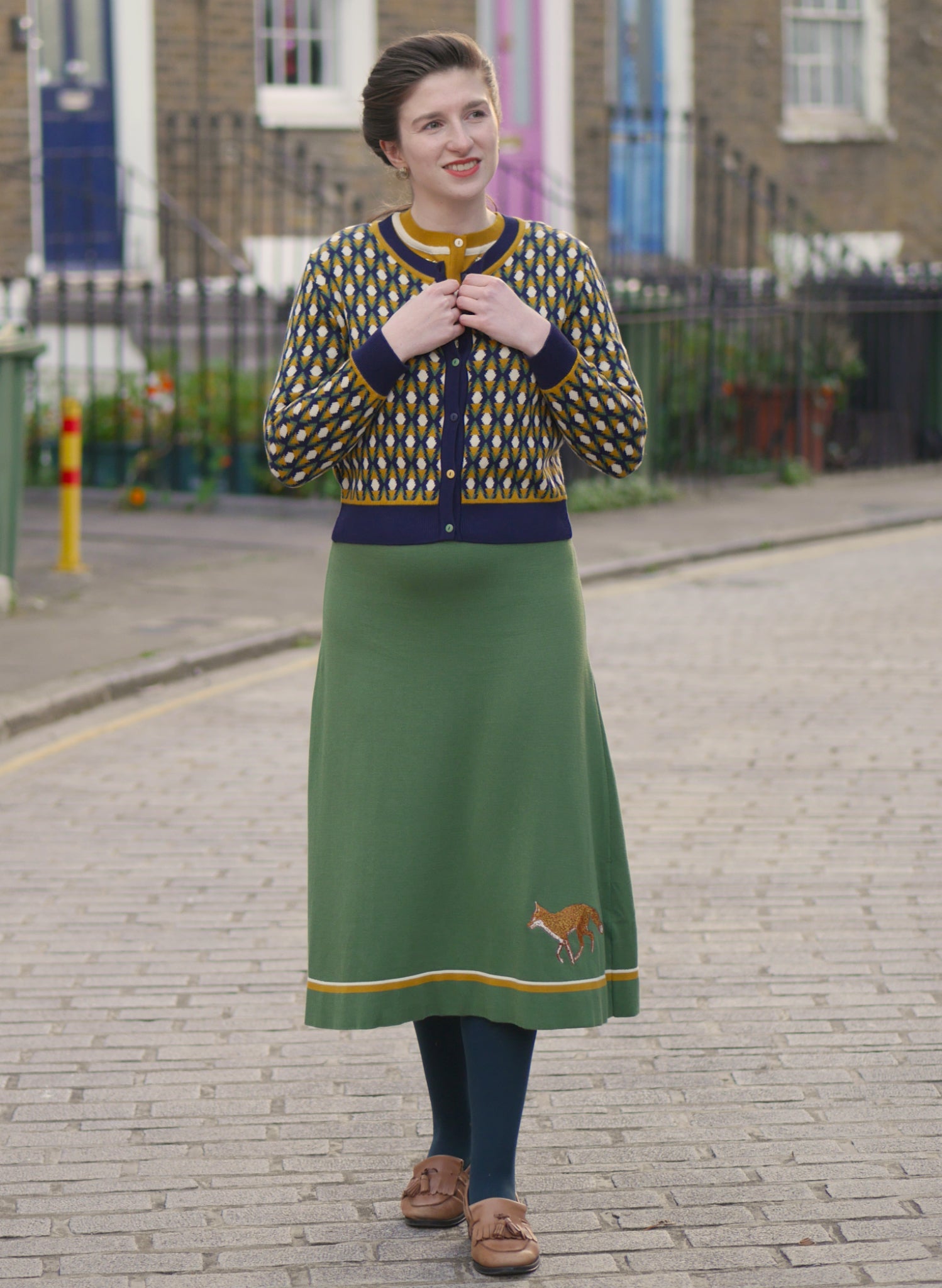 Otti 2-Piece - Green Embroidered Fox Knitted Top and Skirt