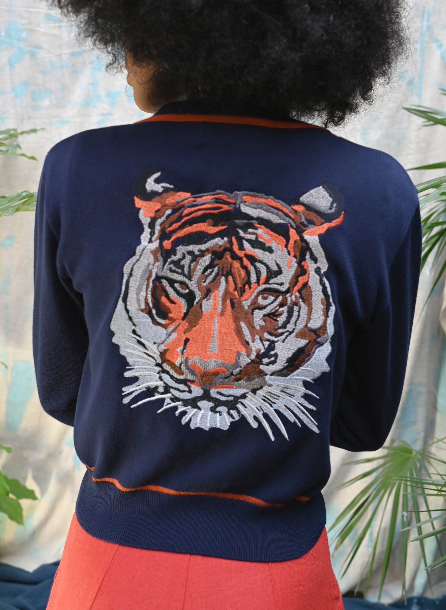 Vera Cardigan - Navy and Rust Embroidered Tiger