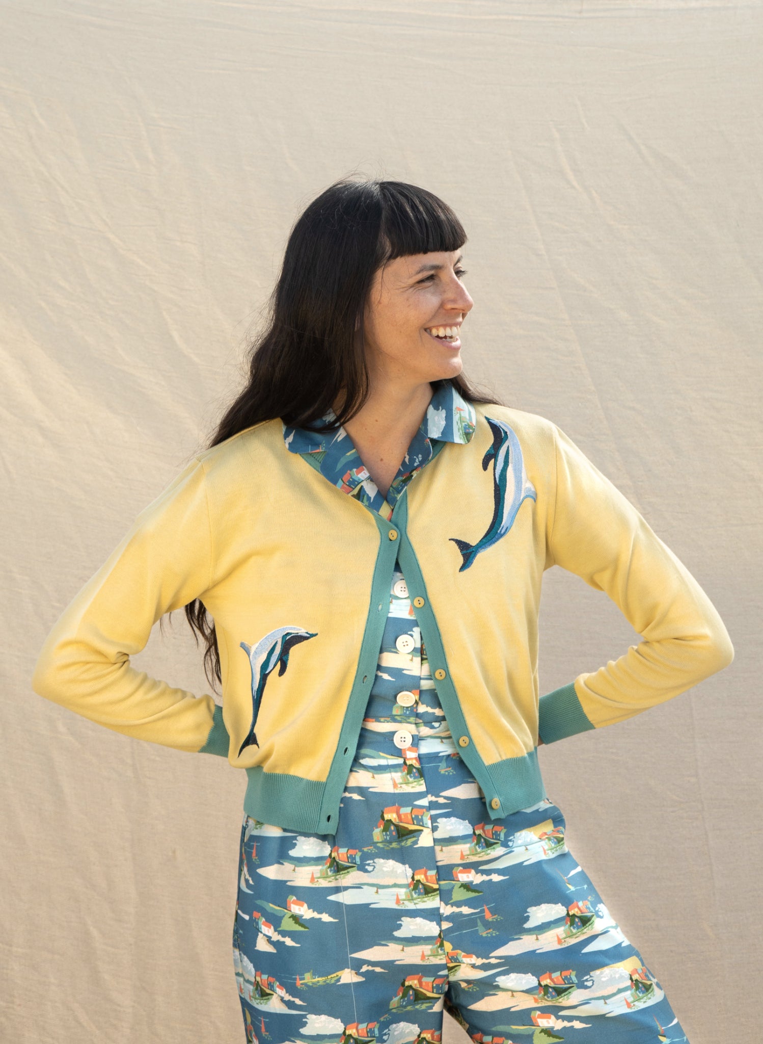 Archive Sale - Size S - Vera Cardigan - Yellow Dolphins