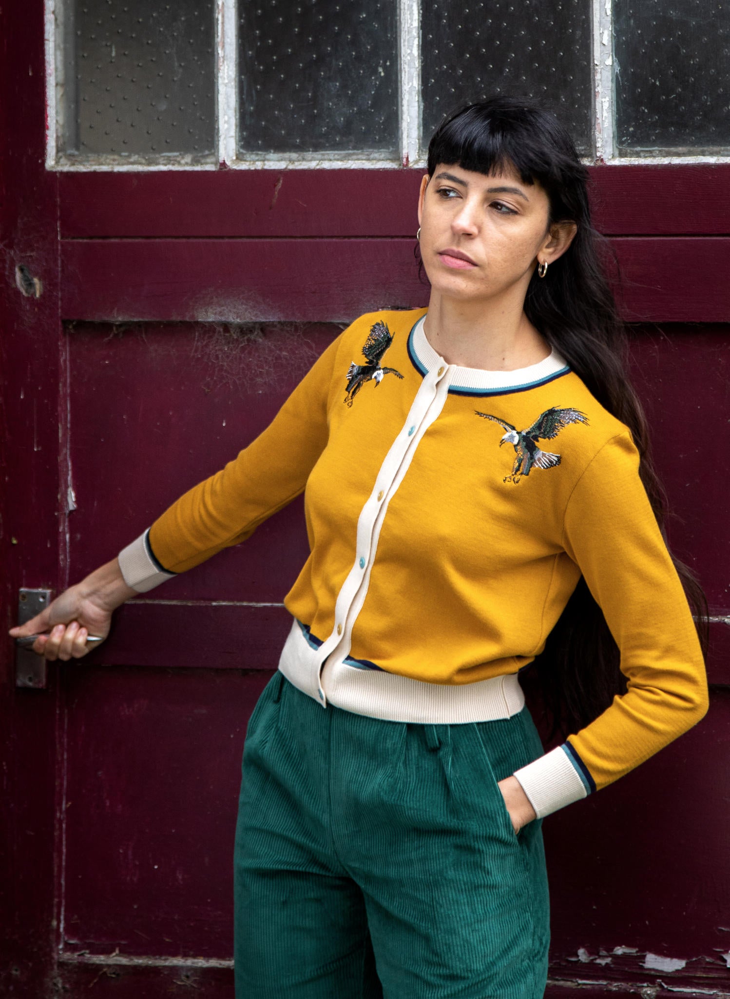 Vera - Mustard Eagles Embroidered Cardigan