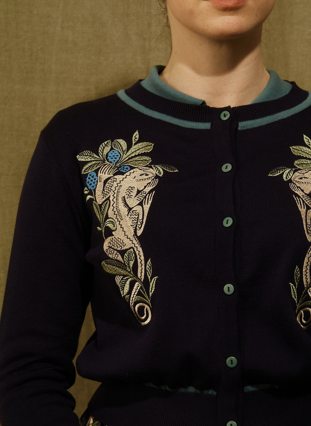 Vera Embroidered Cardigan - Navy Lizard