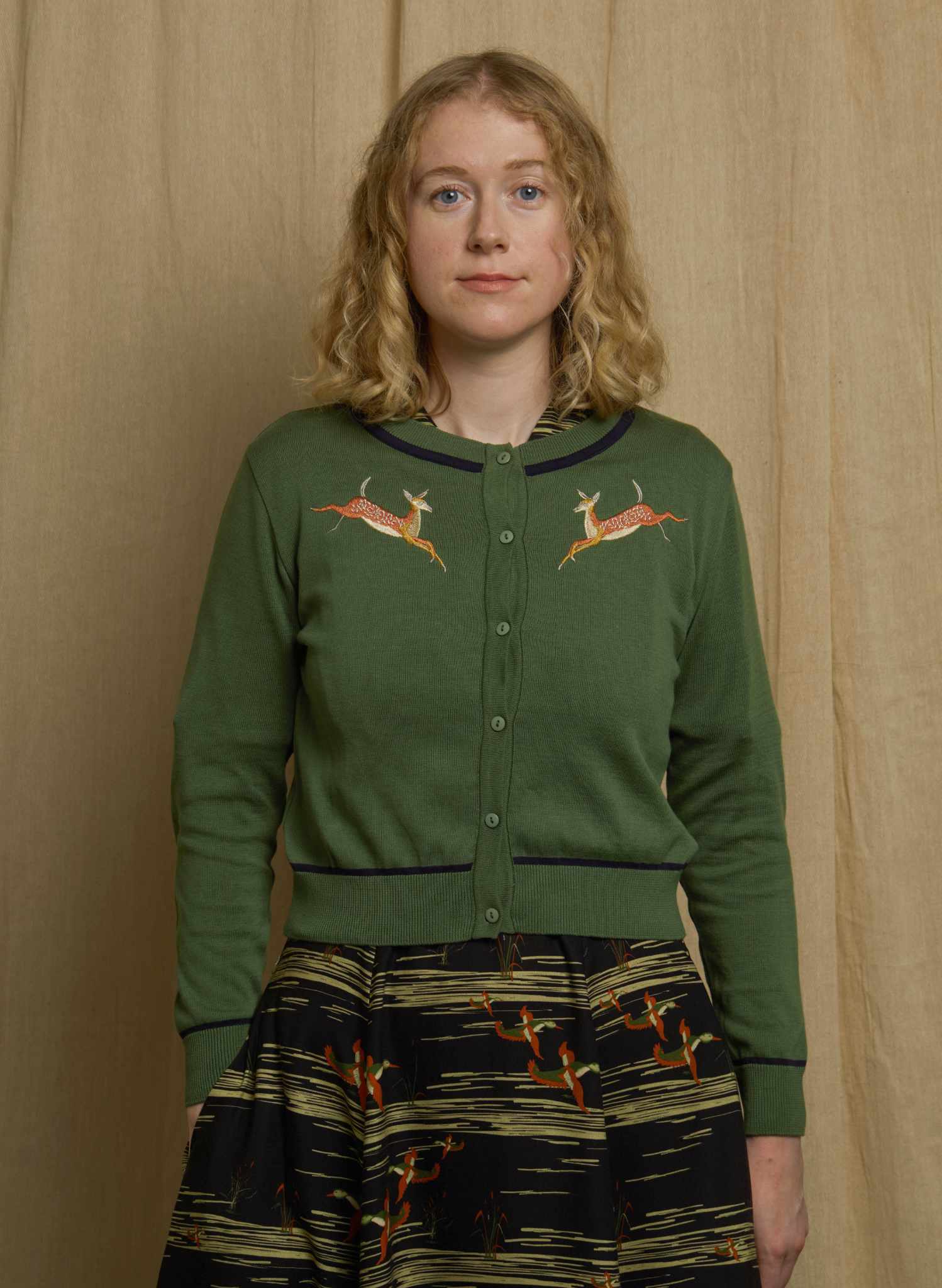 Vera - Green Embroidered Deers