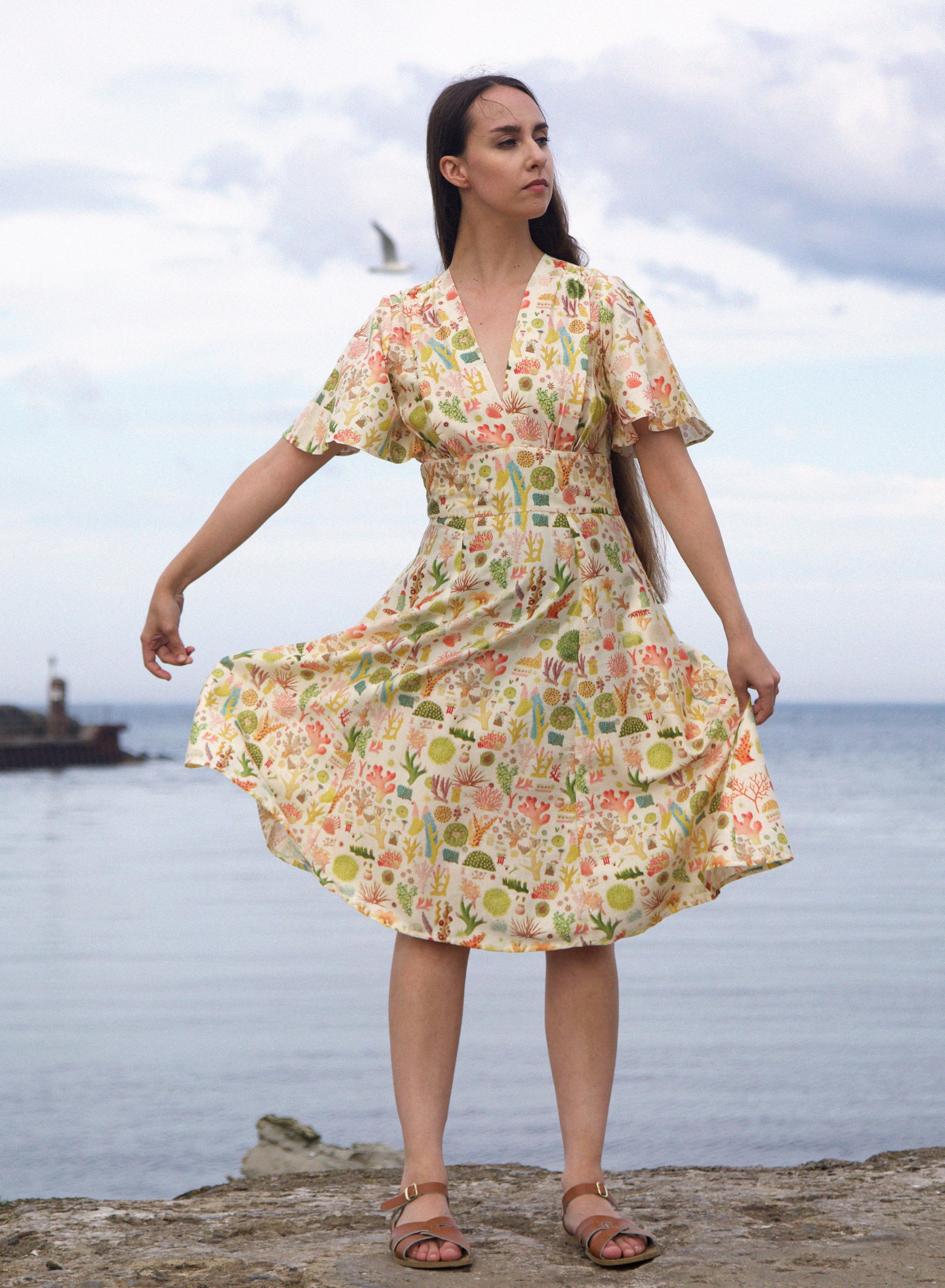 Rita Long-sleeve Dress - Cream Coral Reef