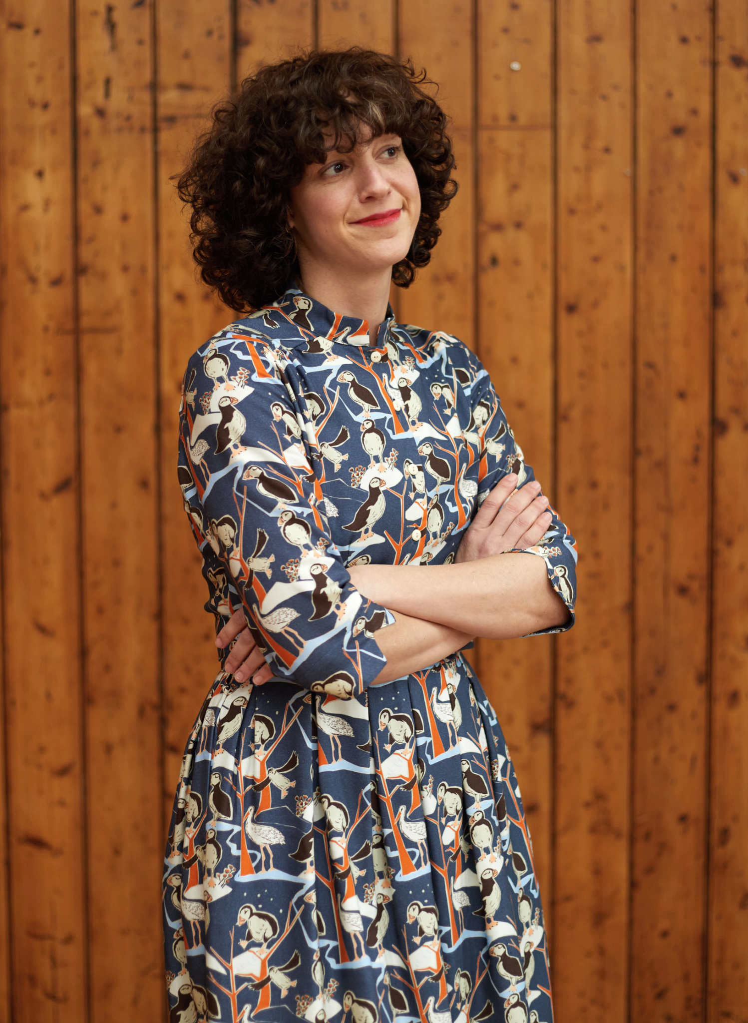 blue belted dress made from 100% tencel lyocell with a puffins print, 3/4 length sleeves, buttons, and a collar - preloved / secondhand item by palava