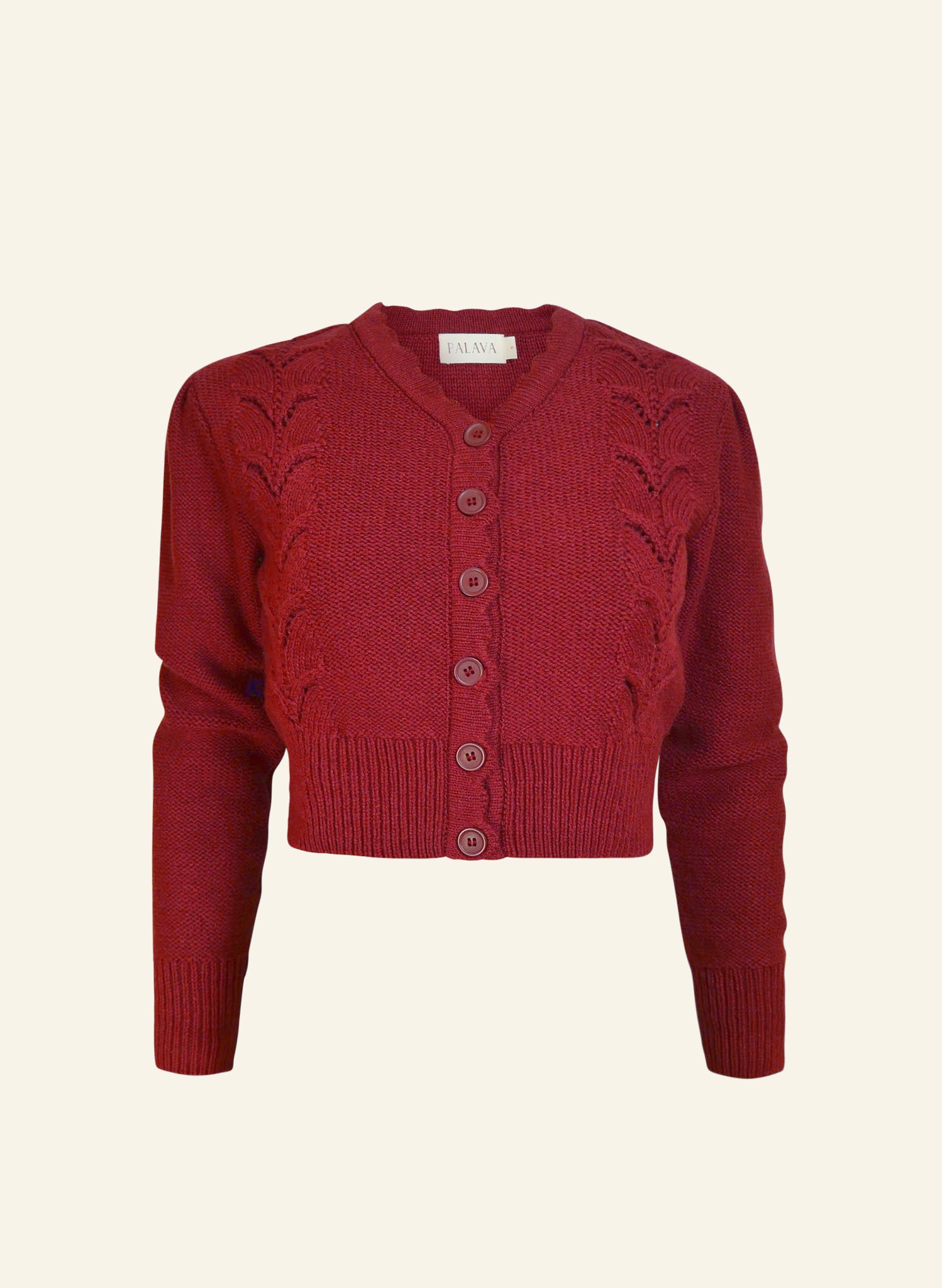 organic cotton, vintage-style, cropped burgundy cardigan with a scalloped vine detail, v-neck, buttons, and long sleeves
