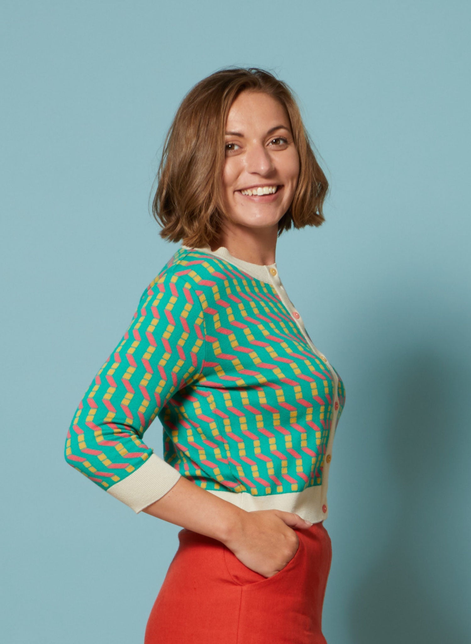 Archive Sale - Size S - Vera - Turquoise Afternoon Sun Jacquard Cardigan - 3/4 Sleeve