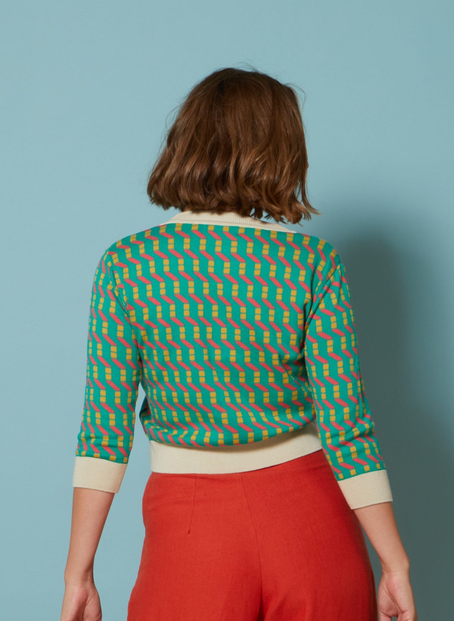 Archive Sale - Size S - Vera - Turquoise Afternoon Sun Jacquard Cardigan - 3/4 Sleeve