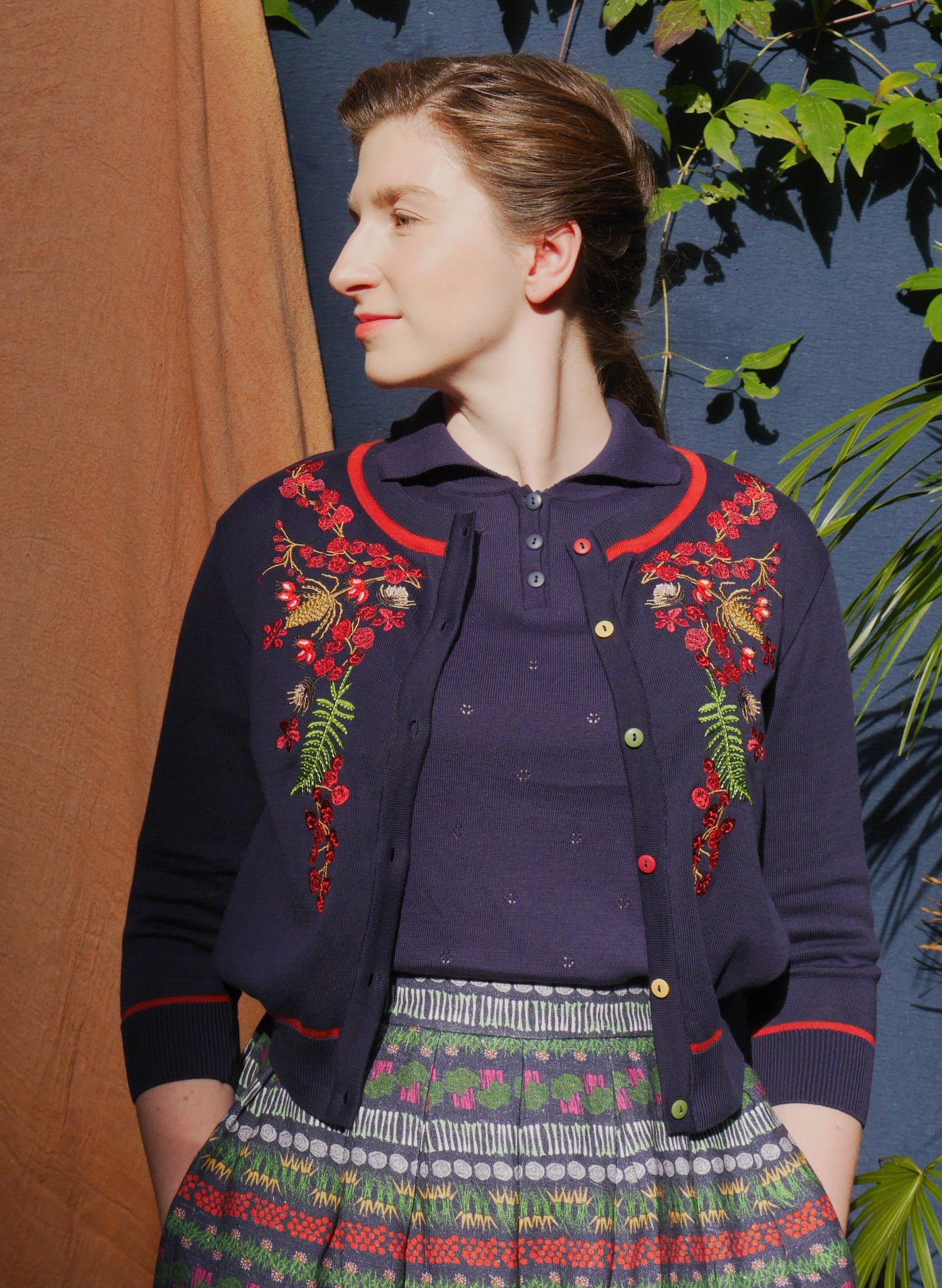 Vera Embroidered Cardigan - Navy Berries