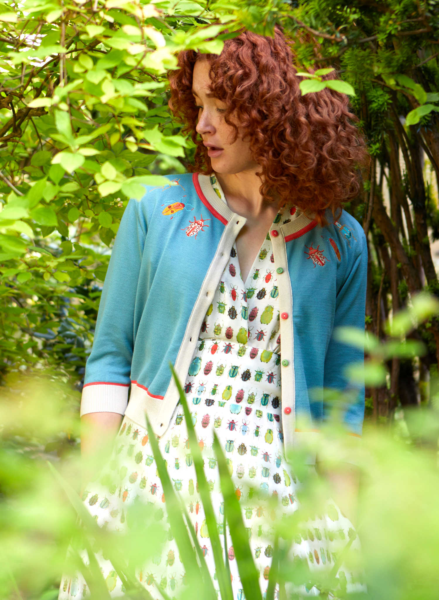 Vera Embroidered Cardigan - Teal Bugs