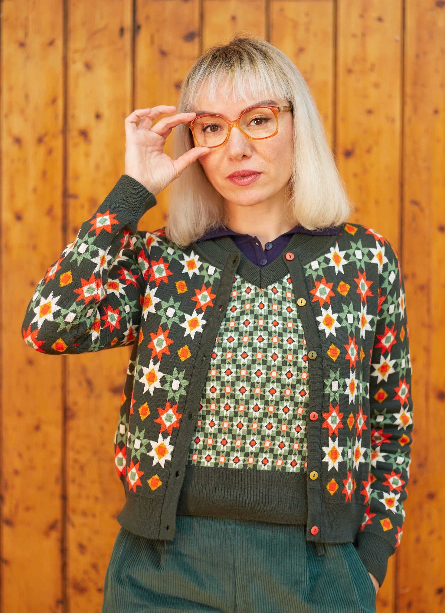 Vera - Green Patchwork Jacquard Cardigan