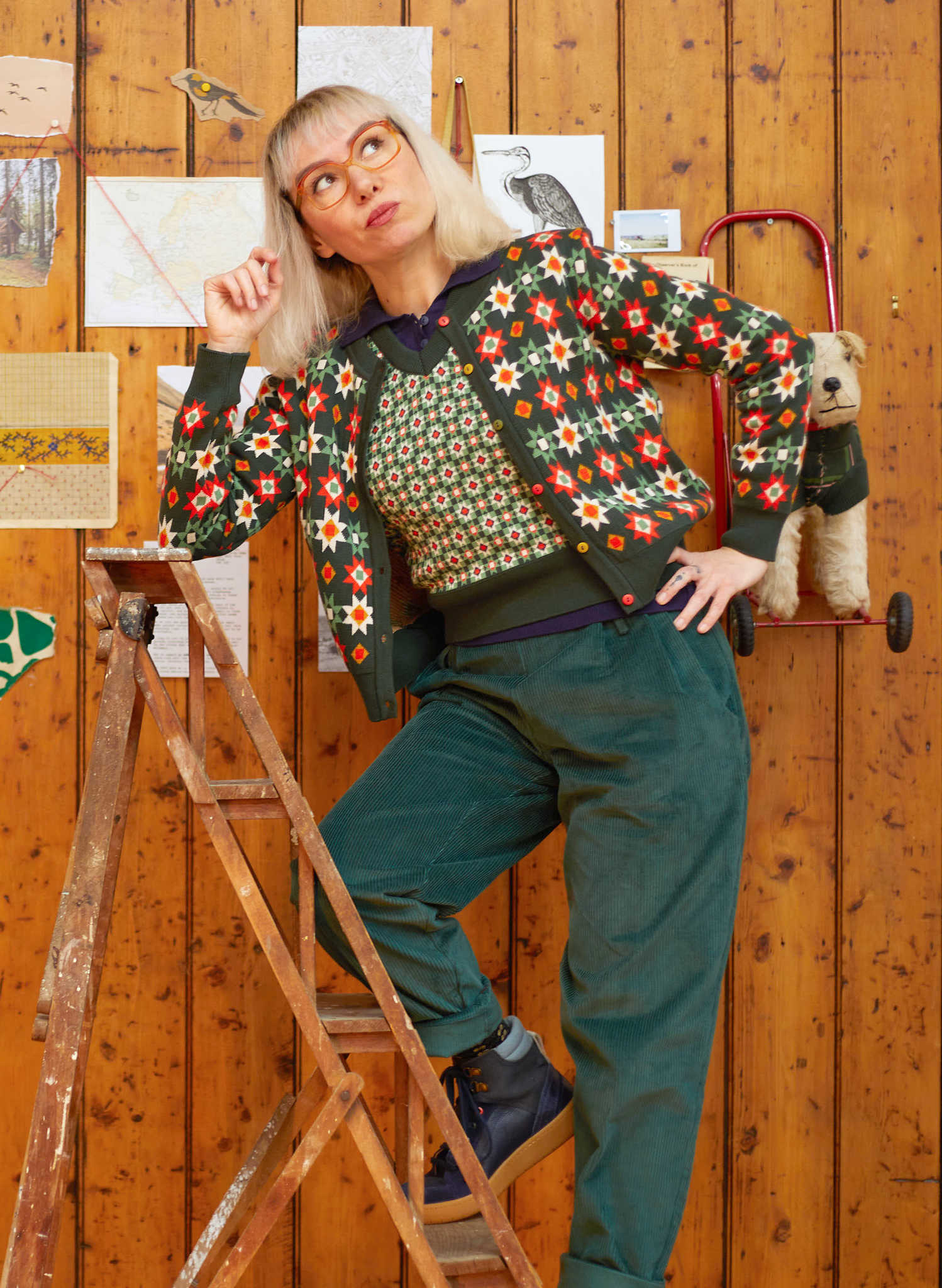 Vera - Green Patchwork Jacquard Cardigan