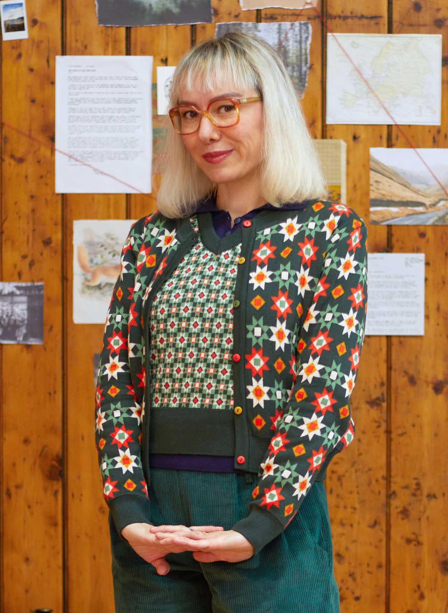 Vera - Green Patchwork Jacquard Cardigan