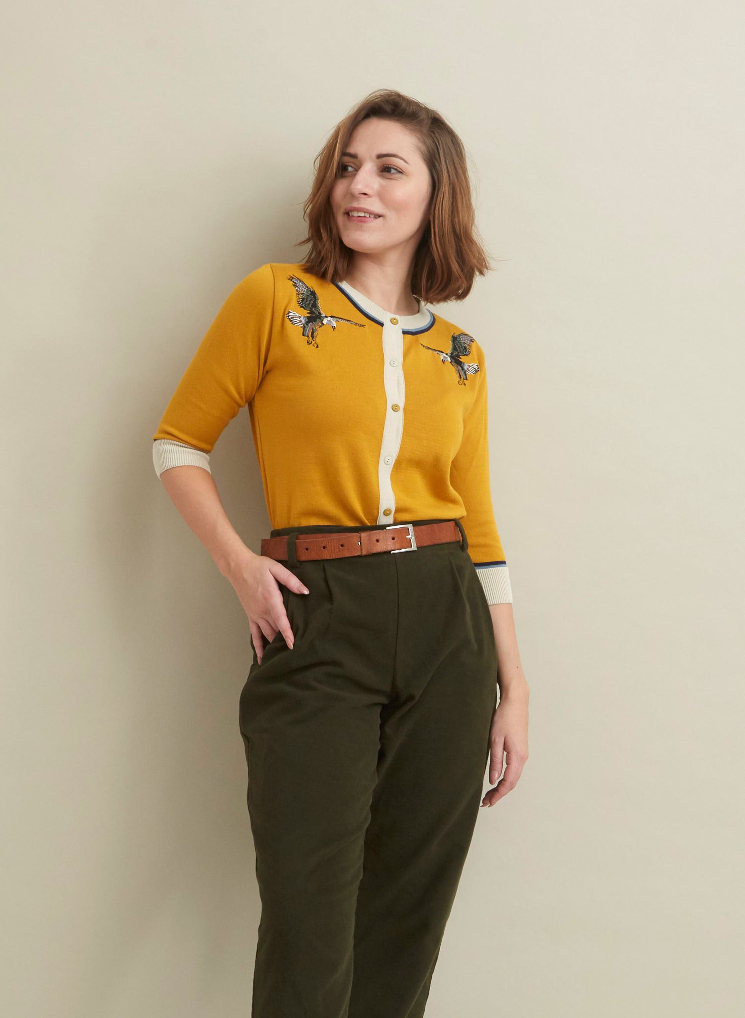 Vera - Mustard Eagles Embroidered Cardigan