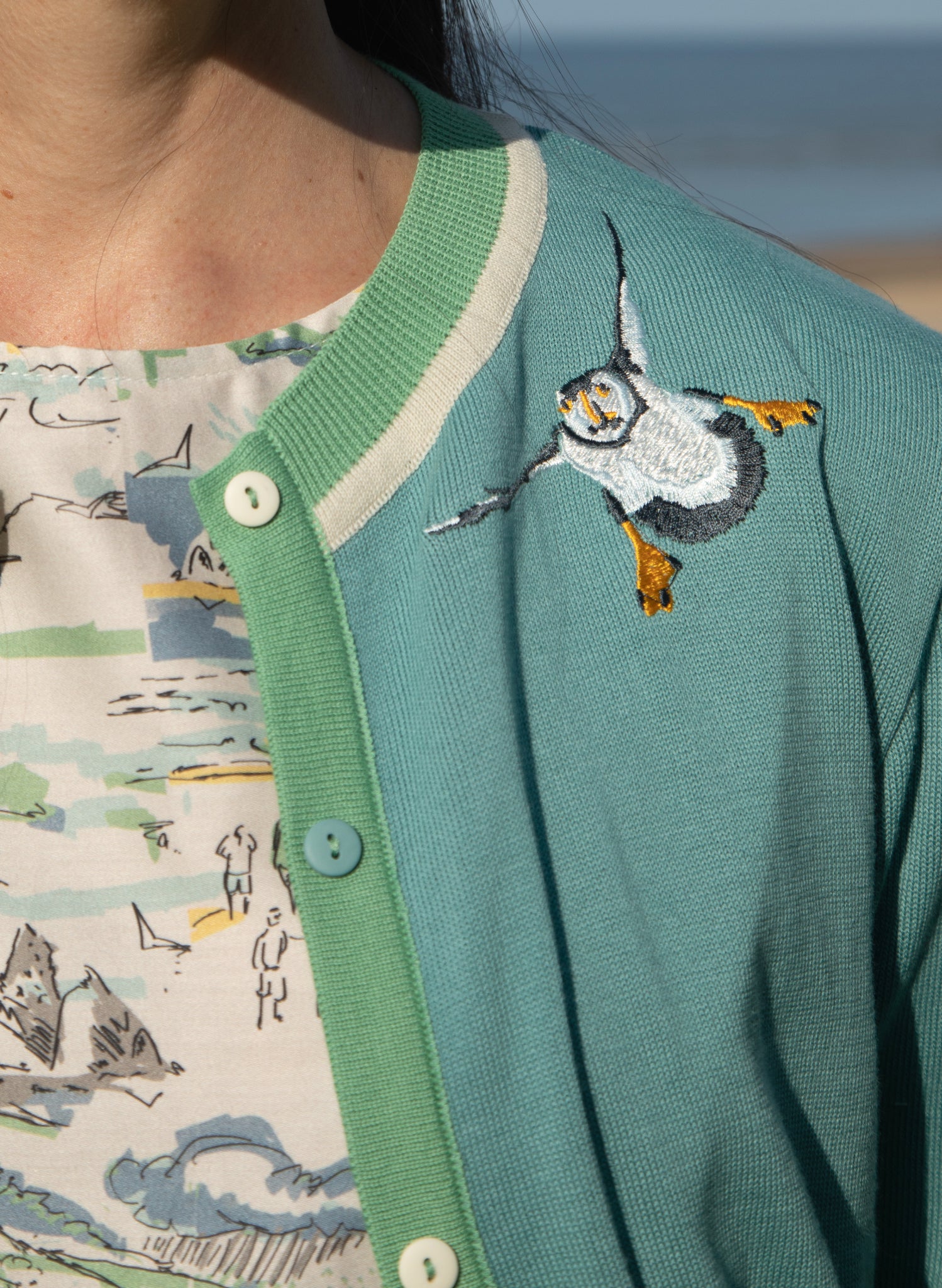 Archive Sale - Size M - Vera Cardigan - Teal Puffins