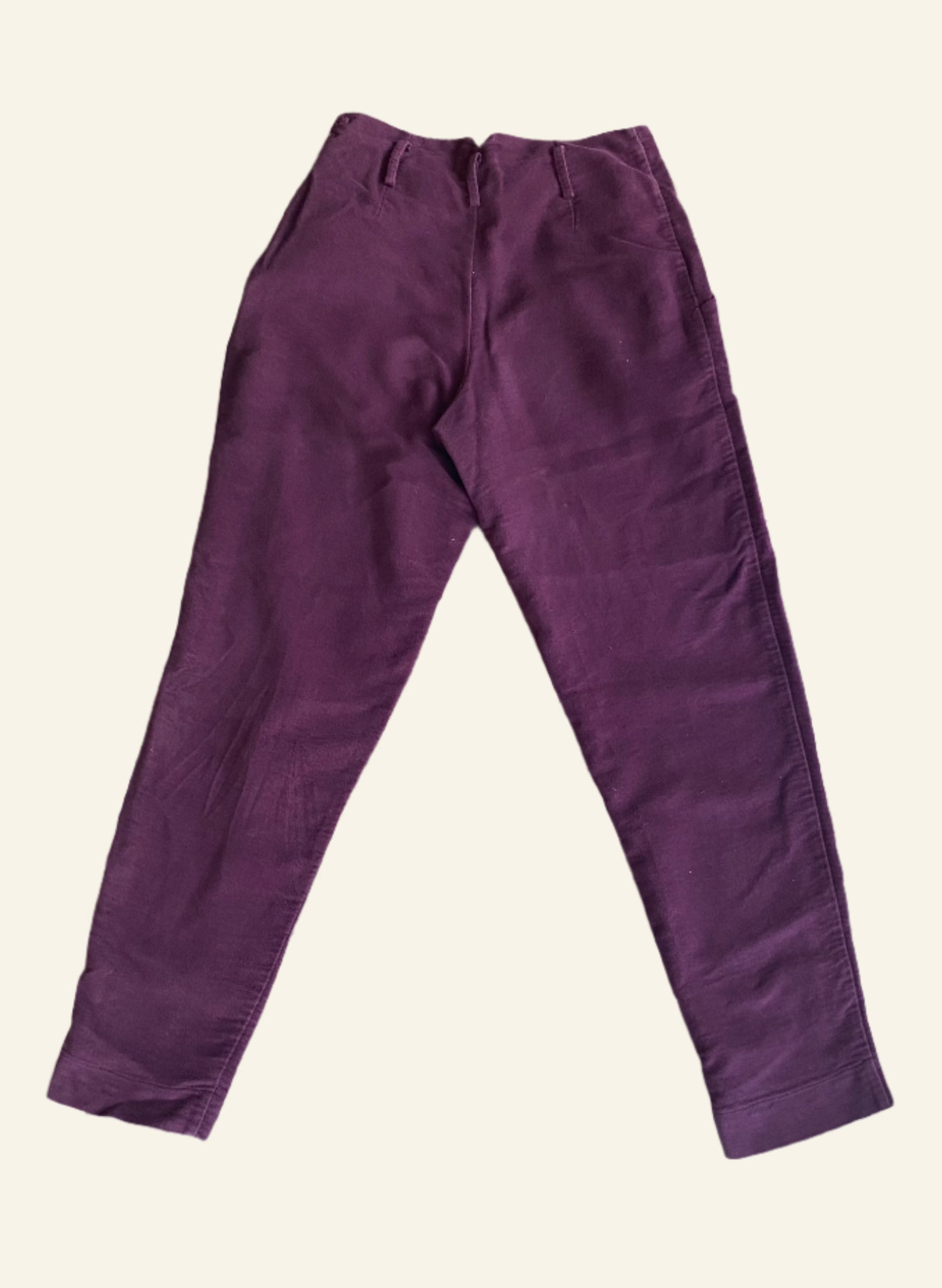 soft 100% cotton moleskin aubergine coloured trousers woven in italy - preloved / secondhand by palava