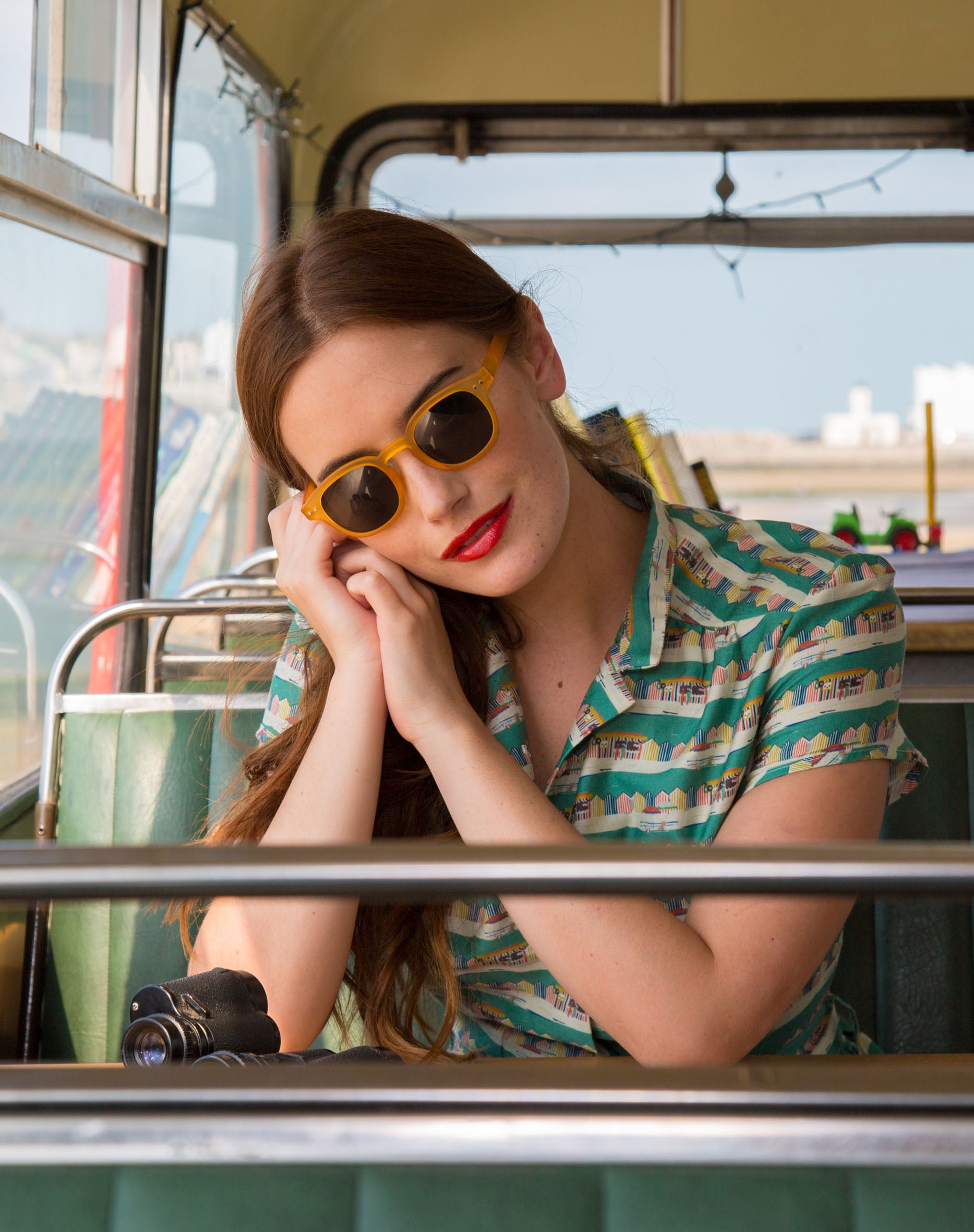 Louise - Green Beach Huts Print Nautical Seaside Shirt Dress for Women