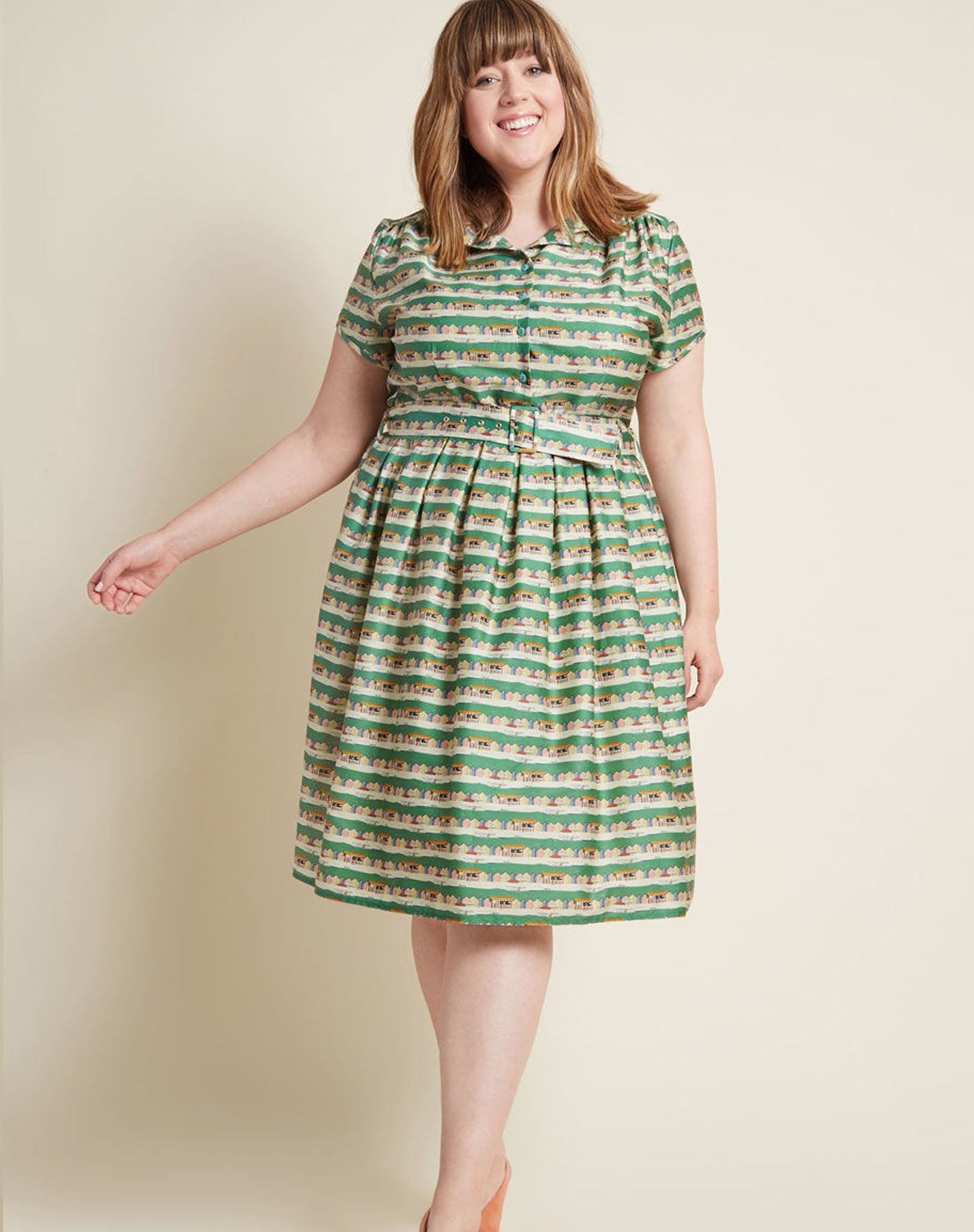 Louise - Green Beach Huts Print Nautical Seaside Shirt Dress for Women