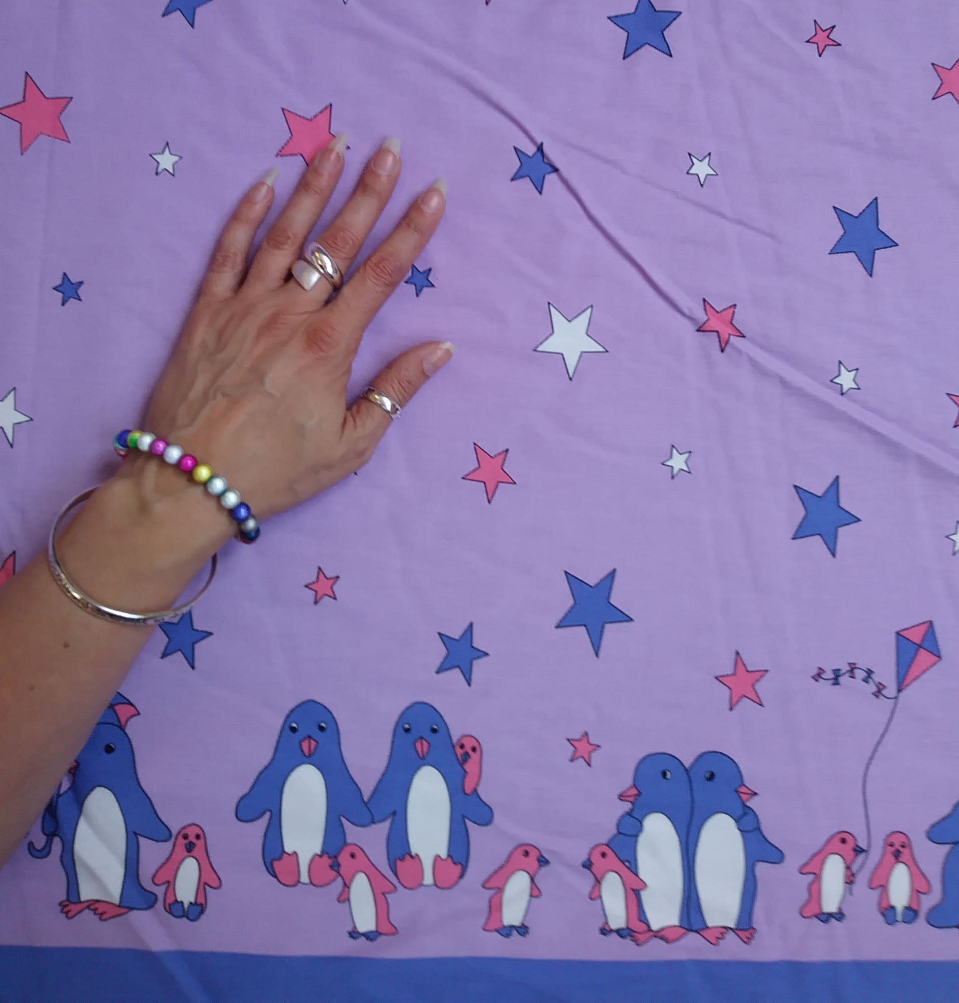 Remnant - 2m - Purple Penguin Fabric - Cotton twill Fabric