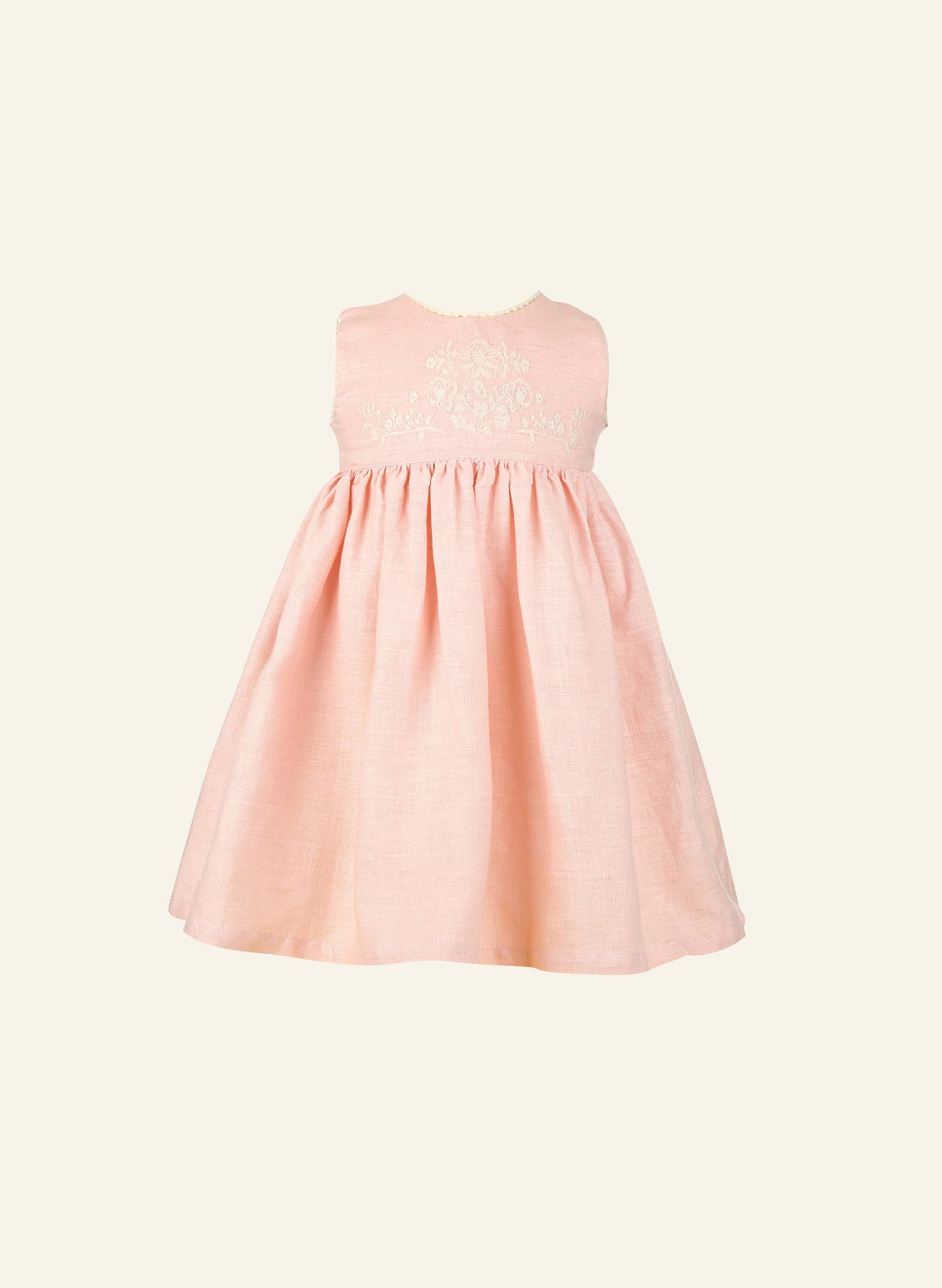 Pink Embroidered Flowers Sleeveless Children's Dress | 100% Linen