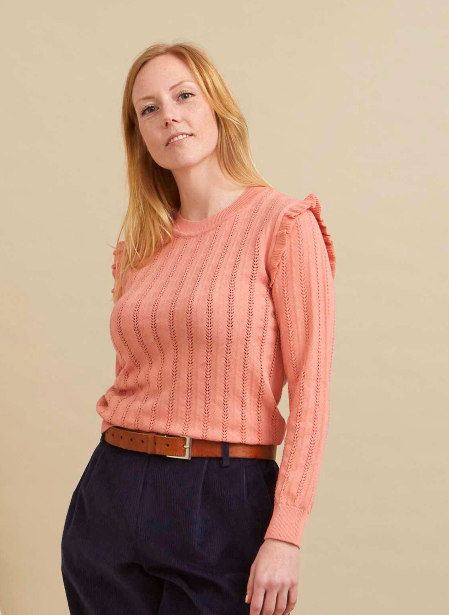 Diana Knitted Cotton Top - Pink Ruffle