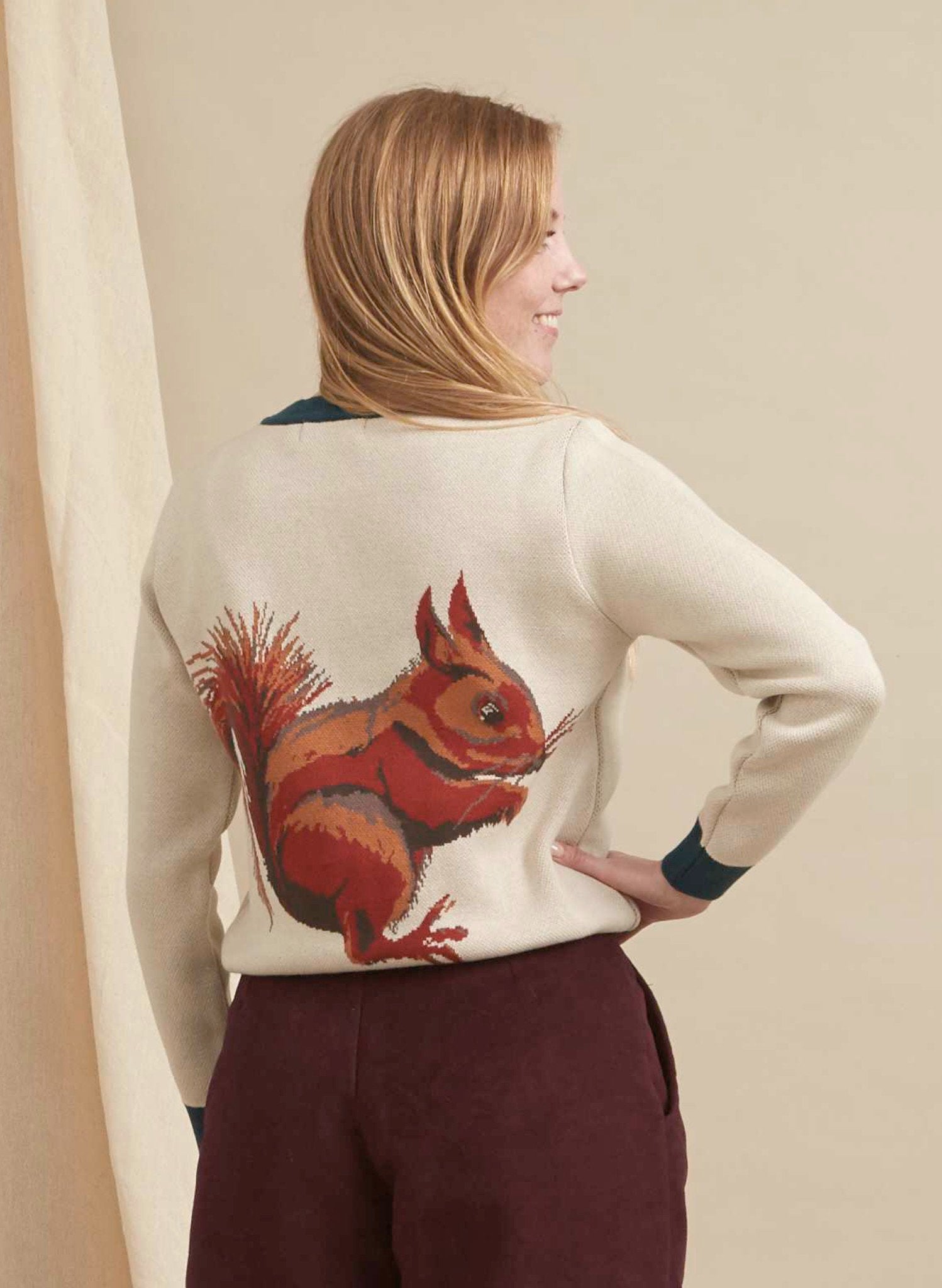 organic cotton white and navy vintage-style knitted jumper with large embroidered squirrel