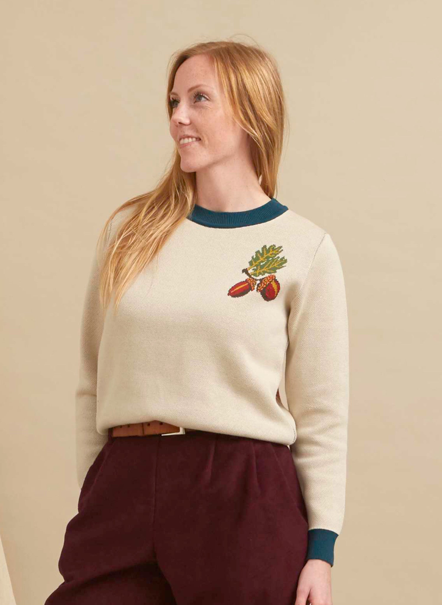 organic cotton white and navy vintage-style knitted jumper with large embroidered squirrel