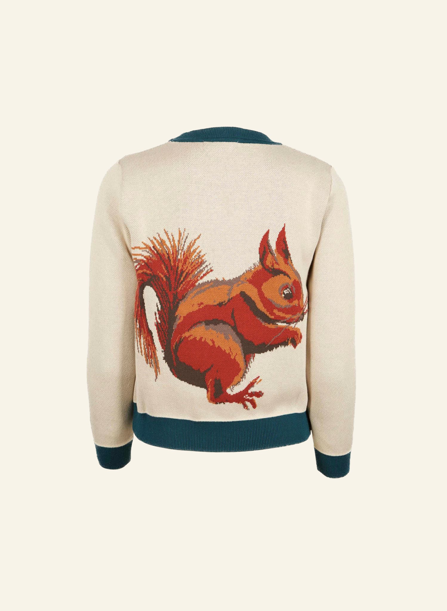 organic cotton white and navy vintage-style knitted jumper with large embroidered squirrel